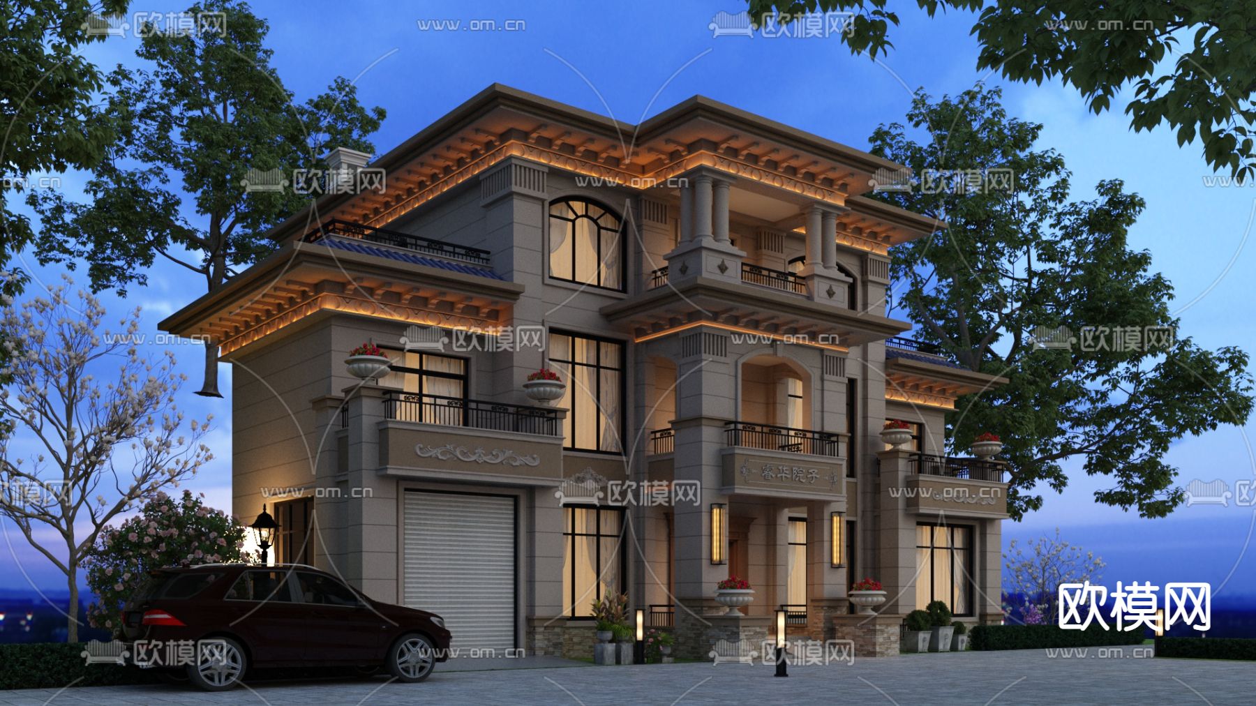 欧式别墅外观 夜景3d模型下载（渲染图1）