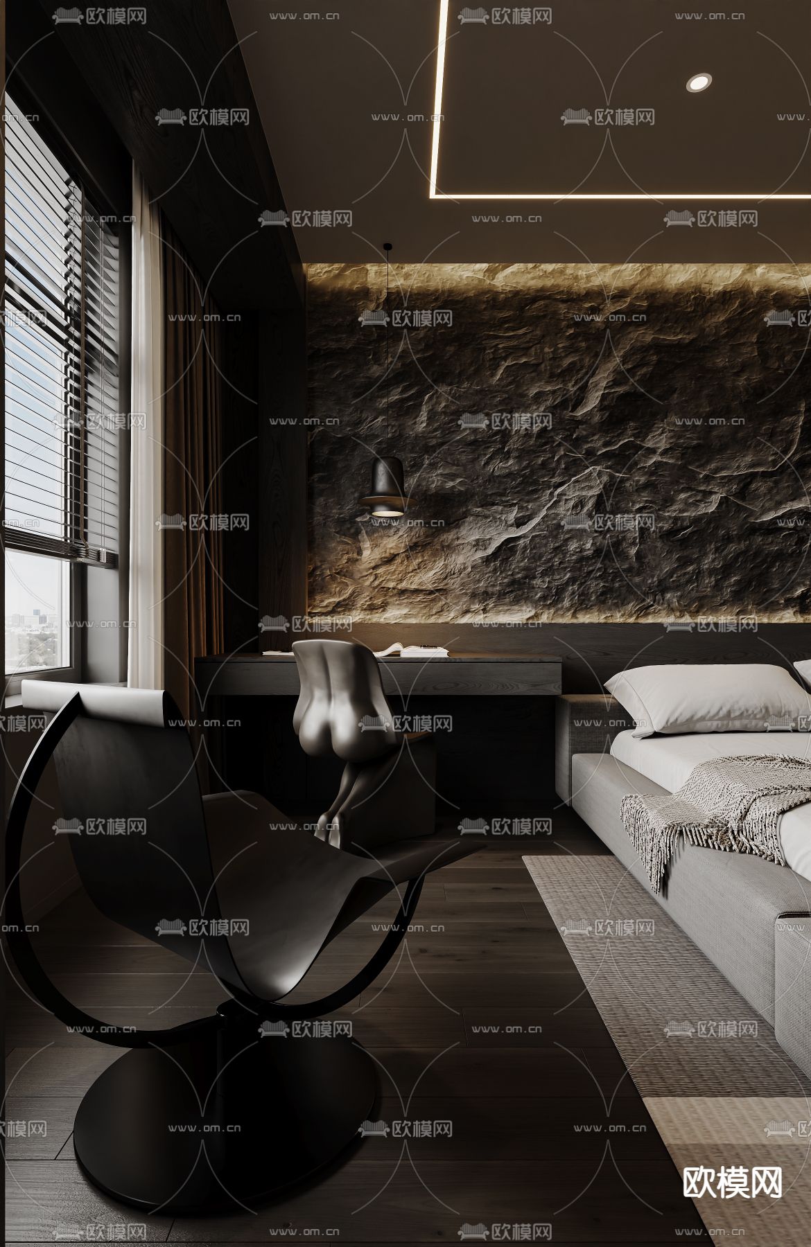 暗黑风卧室 主人房3d模型下载（渲染图2）