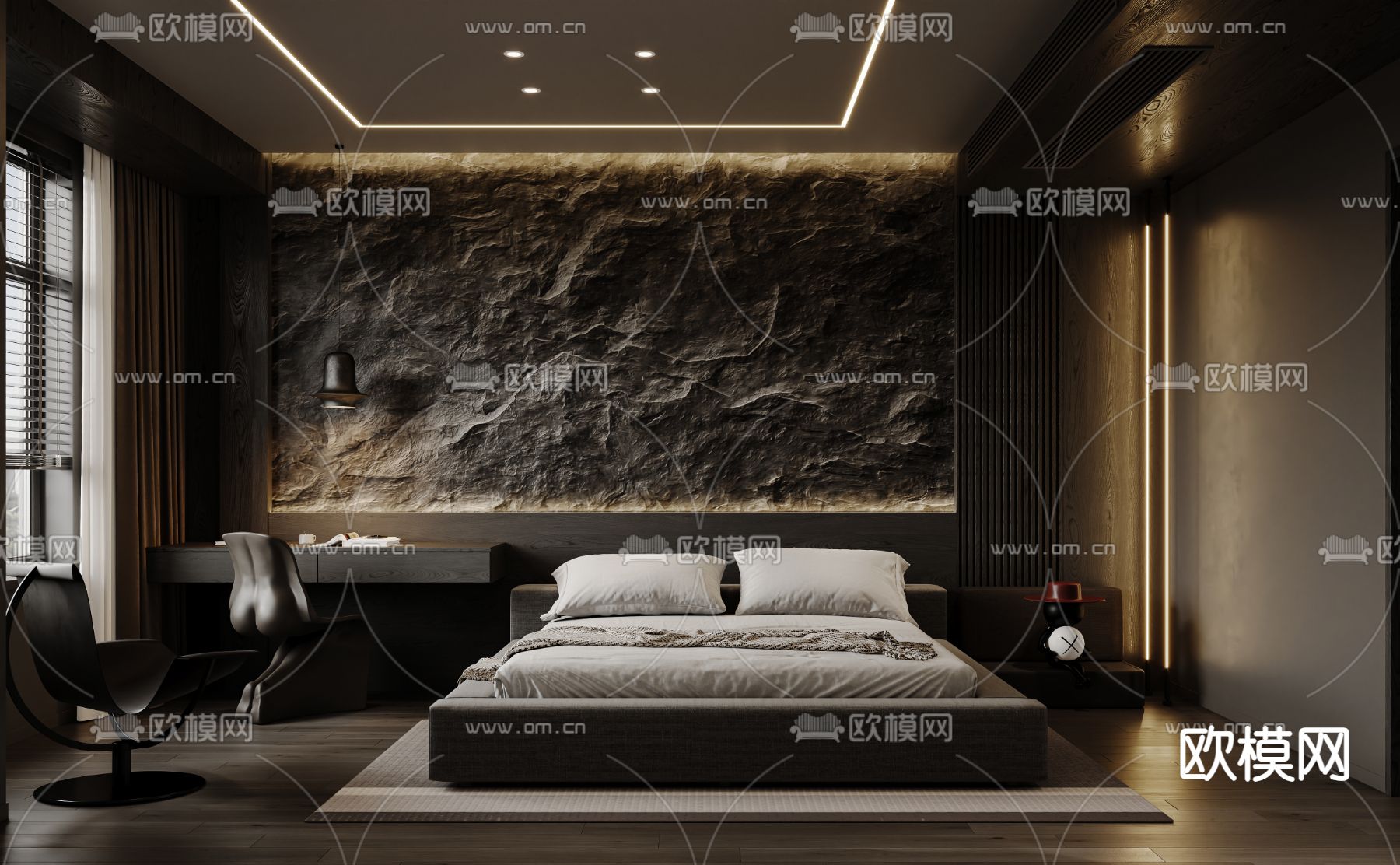 暗黑风卧室 主人房3d模型下载（渲染图1）