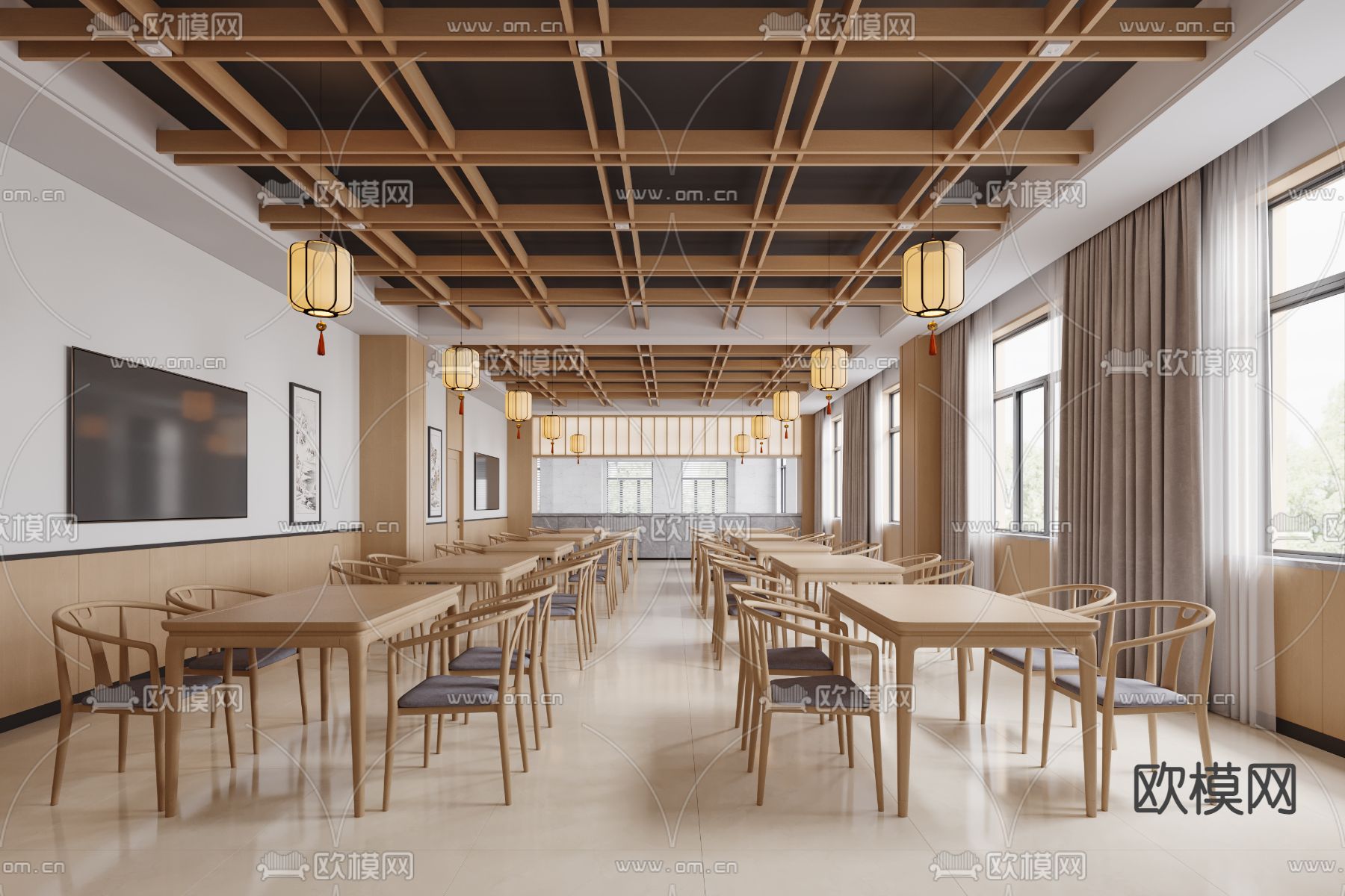 新中式食堂 员工餐厅3d模型下载