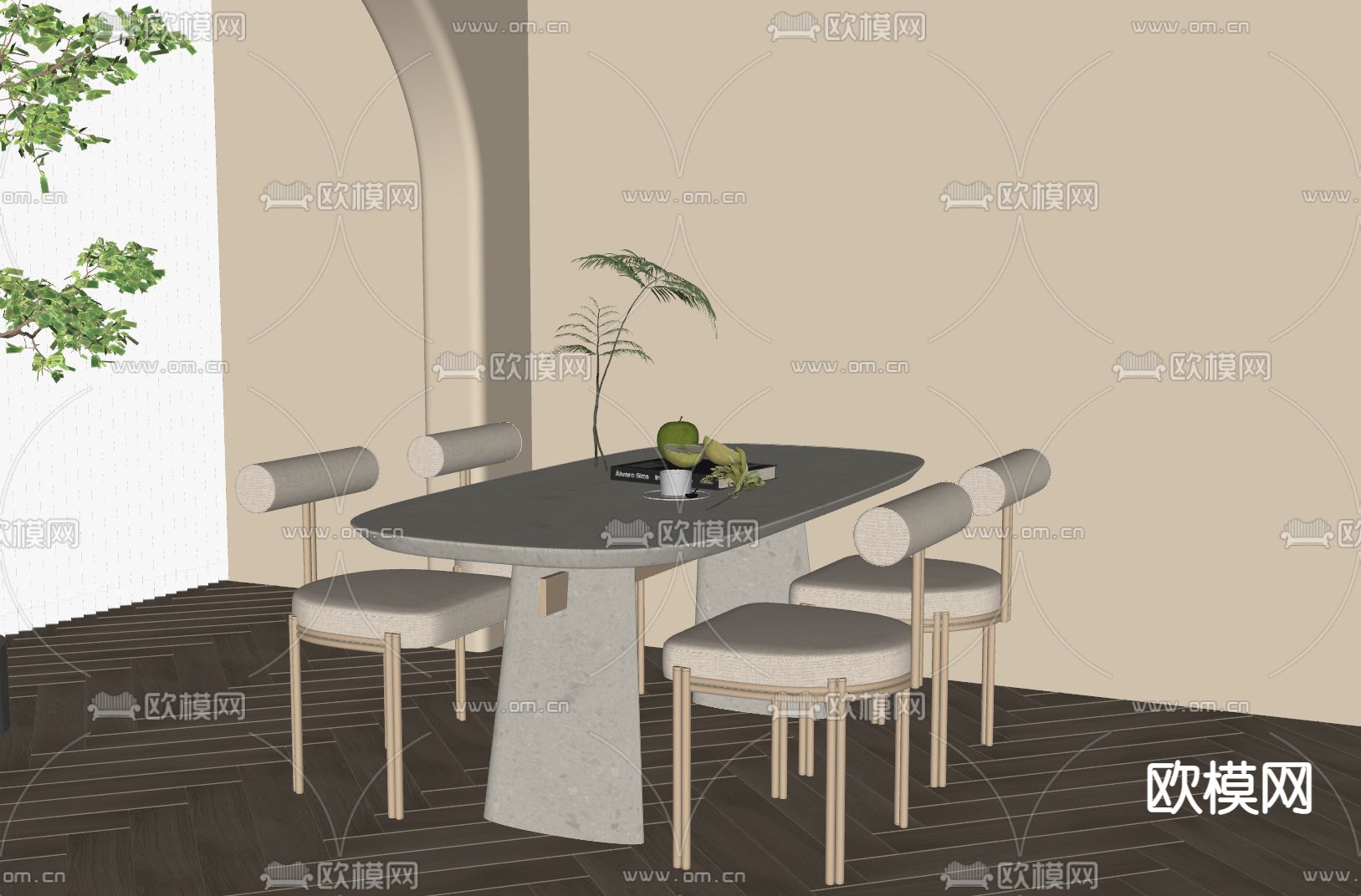 奶油风餐桌椅su模型下载（渲染图2）