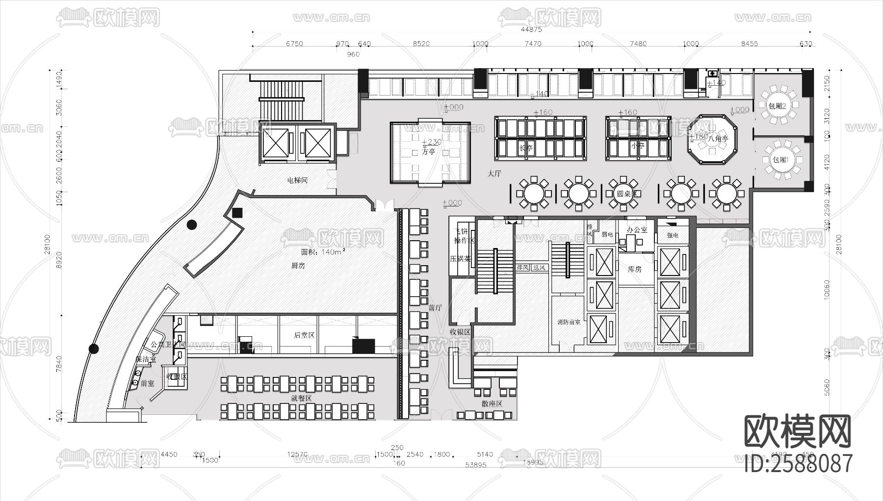 餐厅平面布置图cad施工图-免费3dmax模型库-欧模网