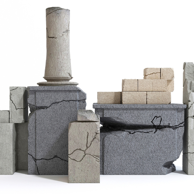  现代破碎石墩 柱子 墙体su模型 