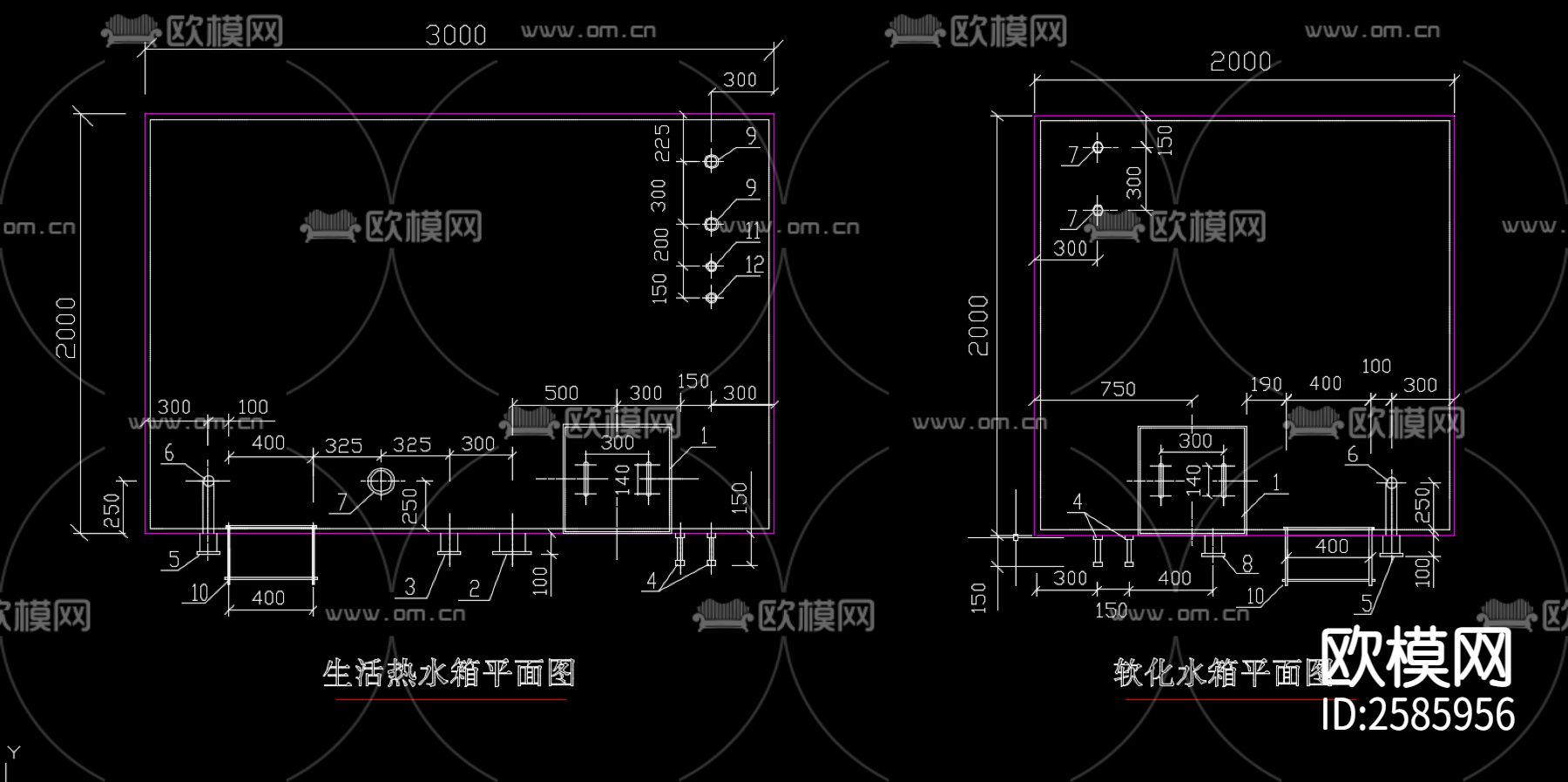 软化水箱和生活热水水箱大样图CAD施工图下载（渲染图2）