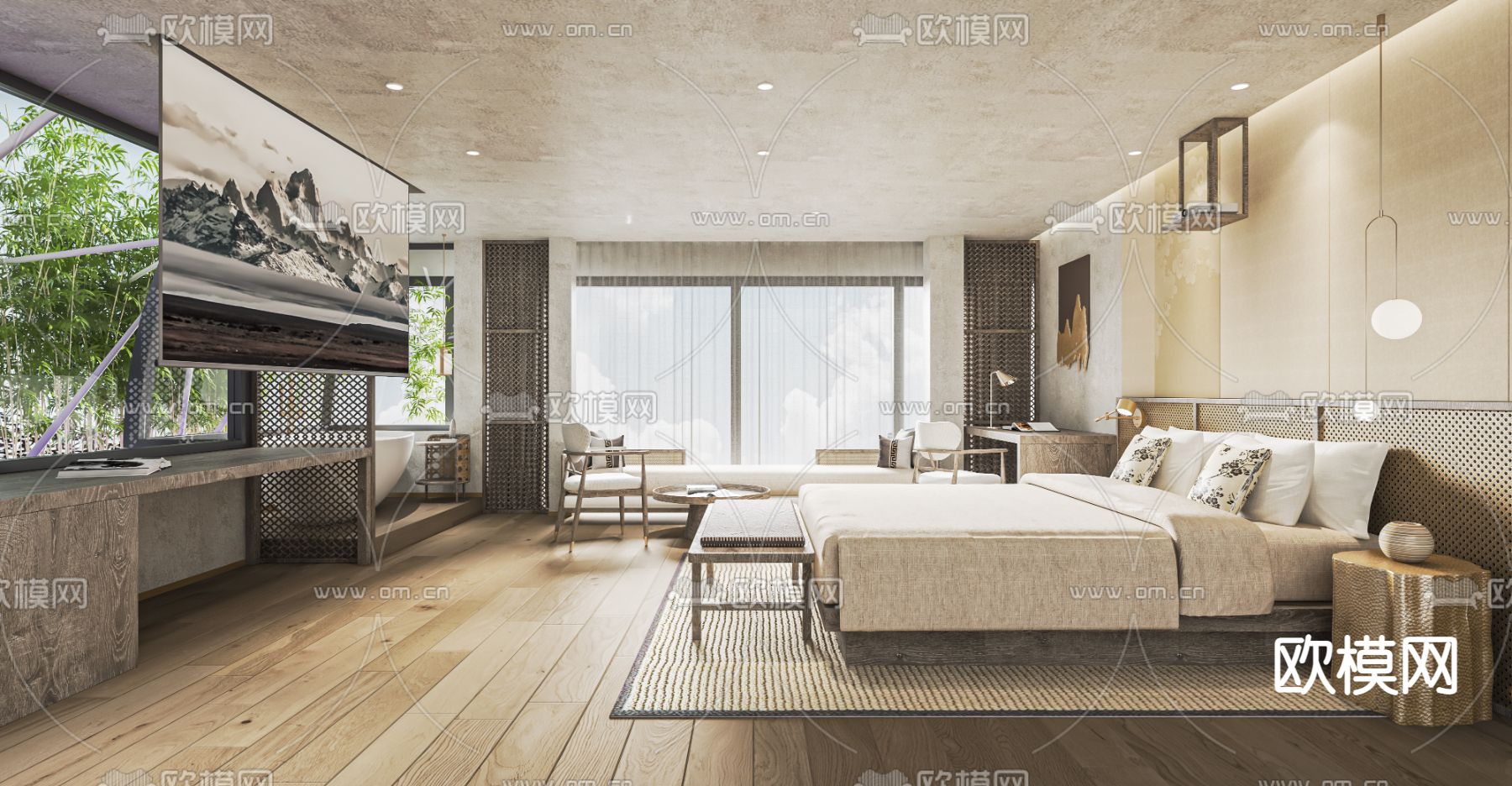 侘寂酒店客房su模型下载