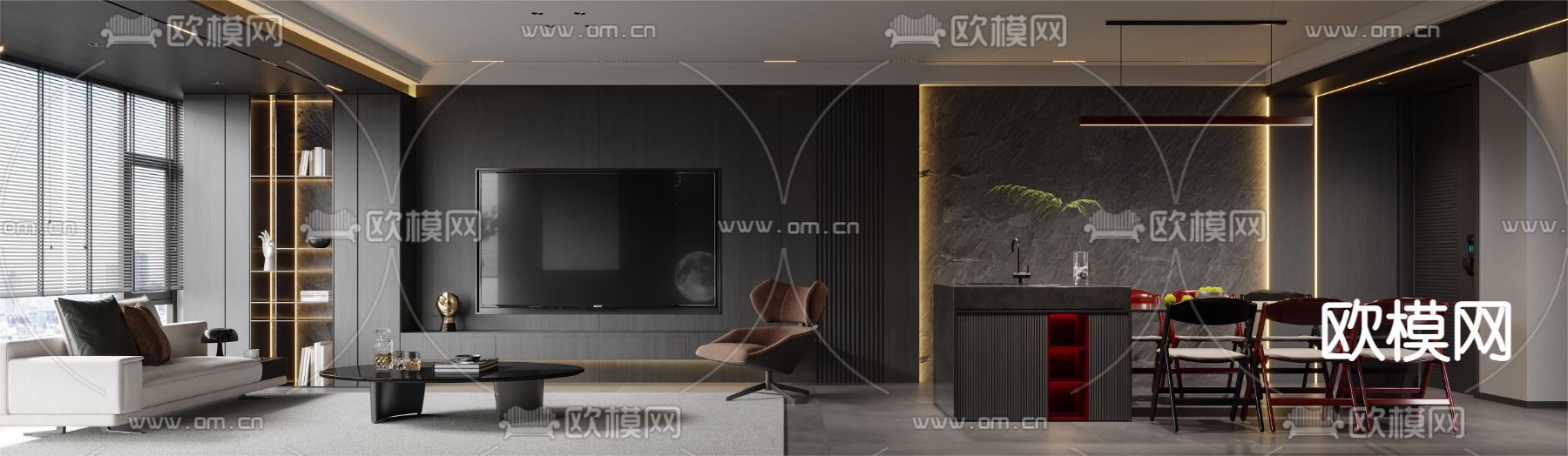 暗黑风客厅 餐厅3d模型下载（渲染图9）