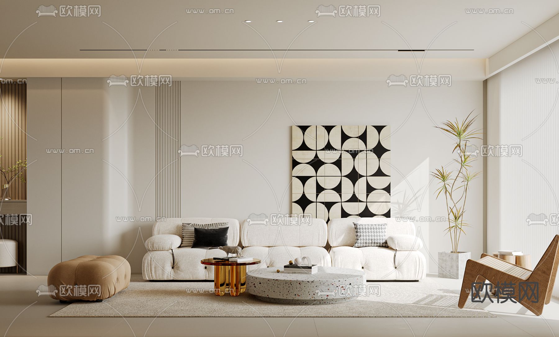 奶油风客餐厅3d模型下载（渲染图1）