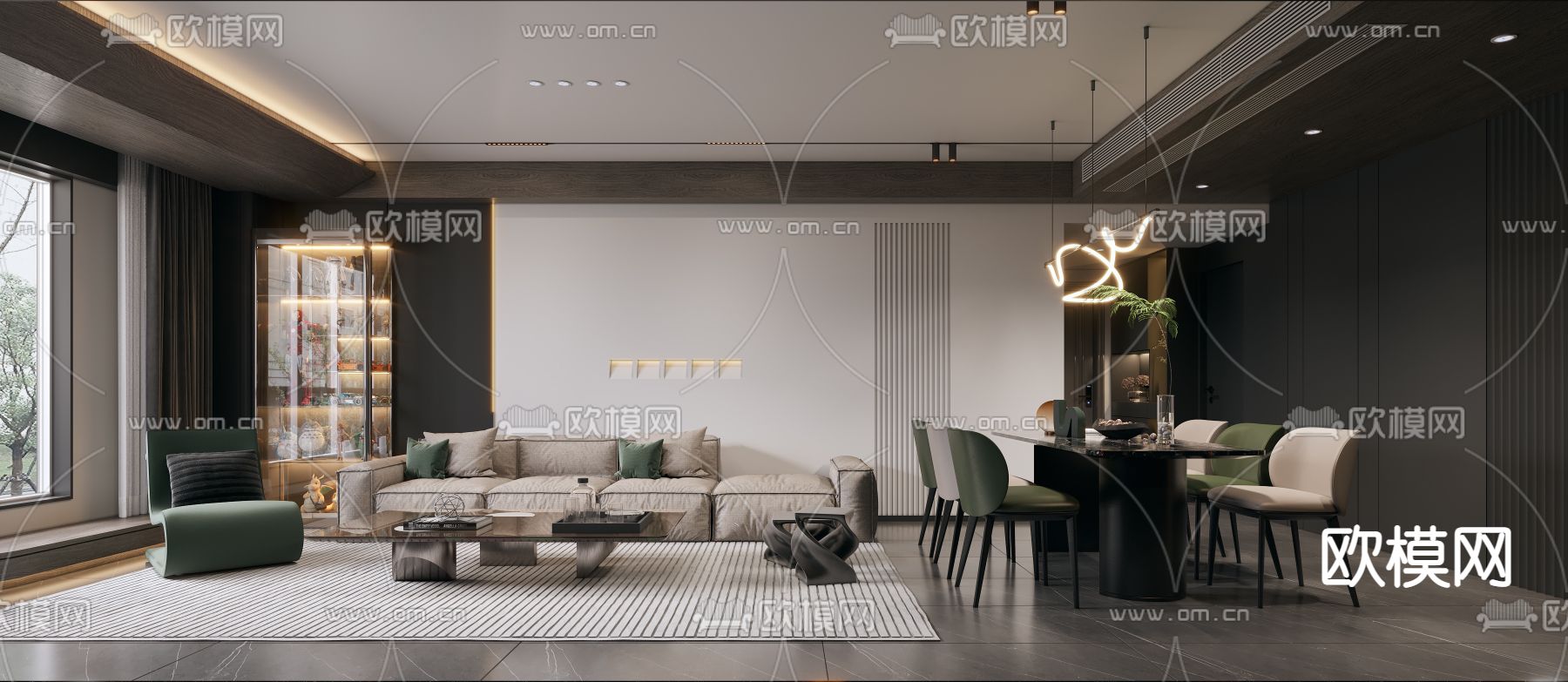 高级灰客餐厅3d模型下载（渲染图1）