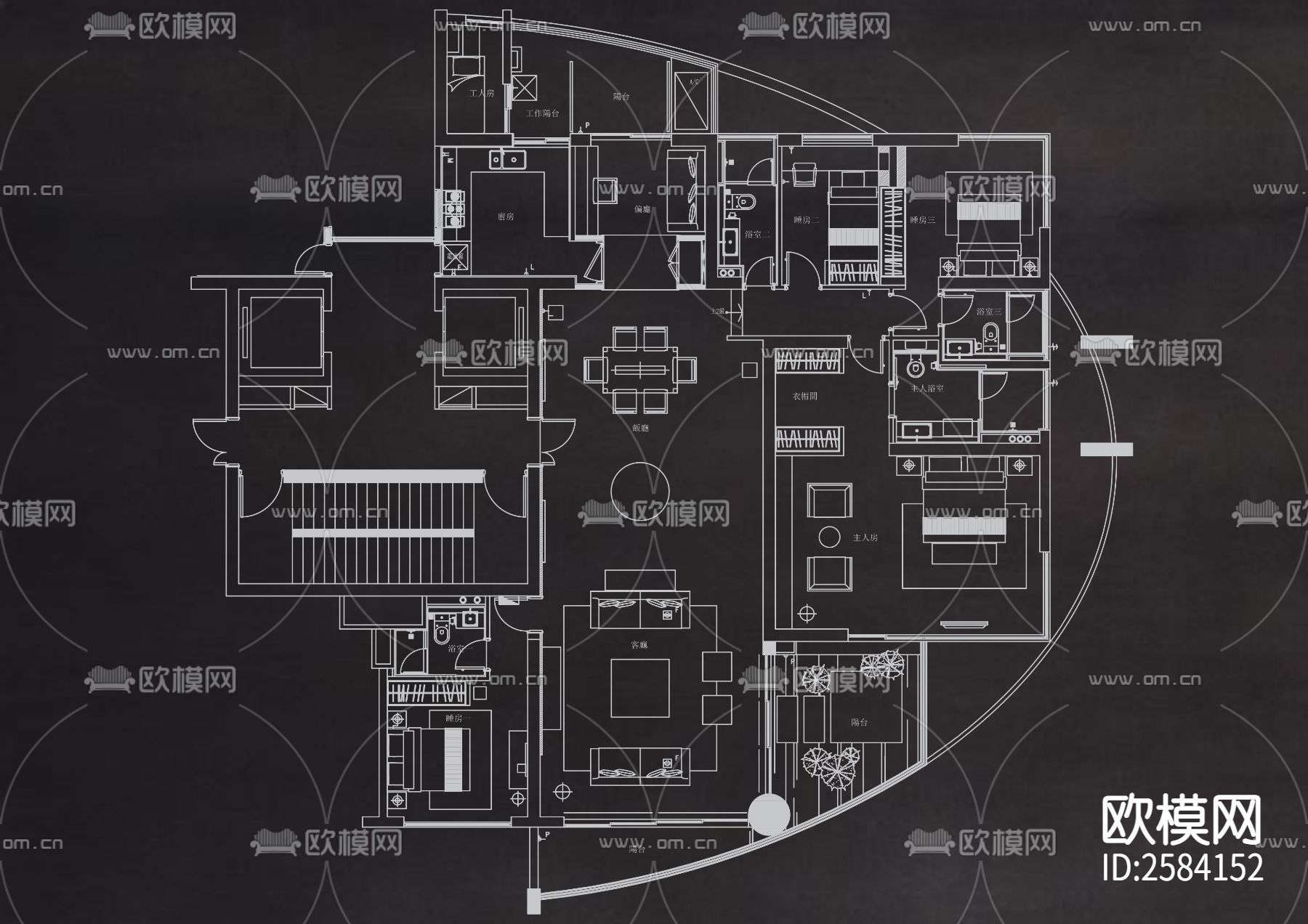 经典60个大平层户型CAD图库下载（渲染图2）