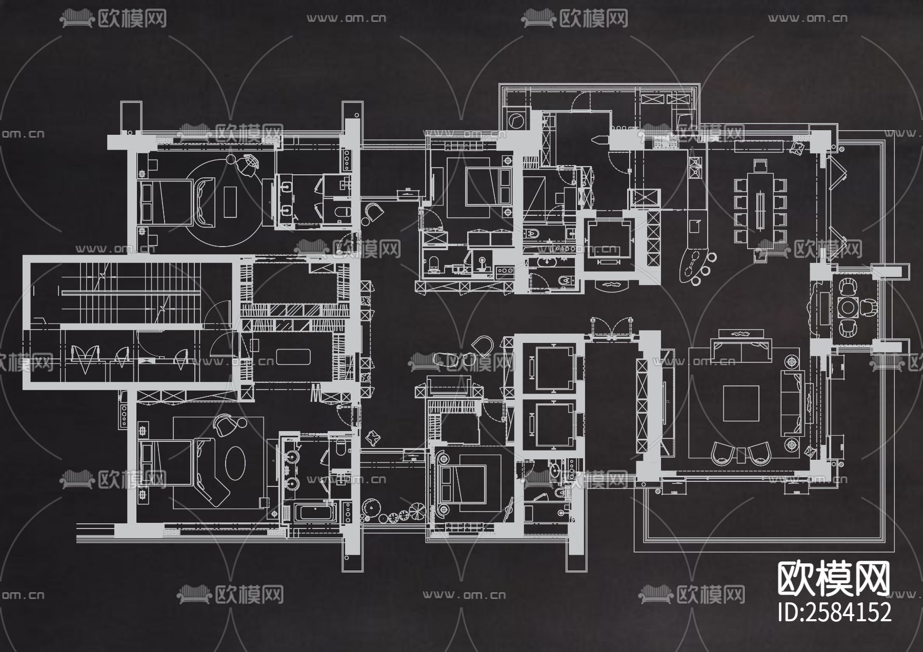 经典60个大平层户型CAD图库下载（渲染图7）