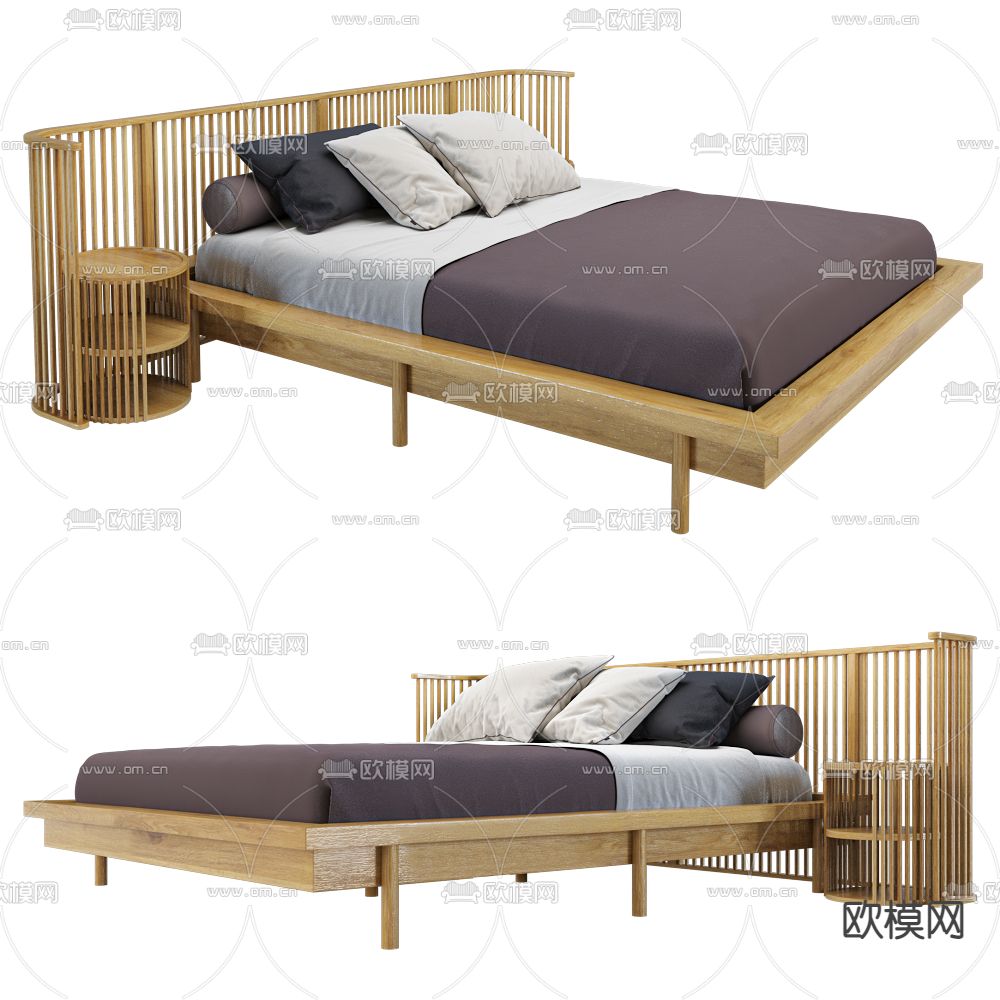 日式双人床su模型下载（渲染图1）