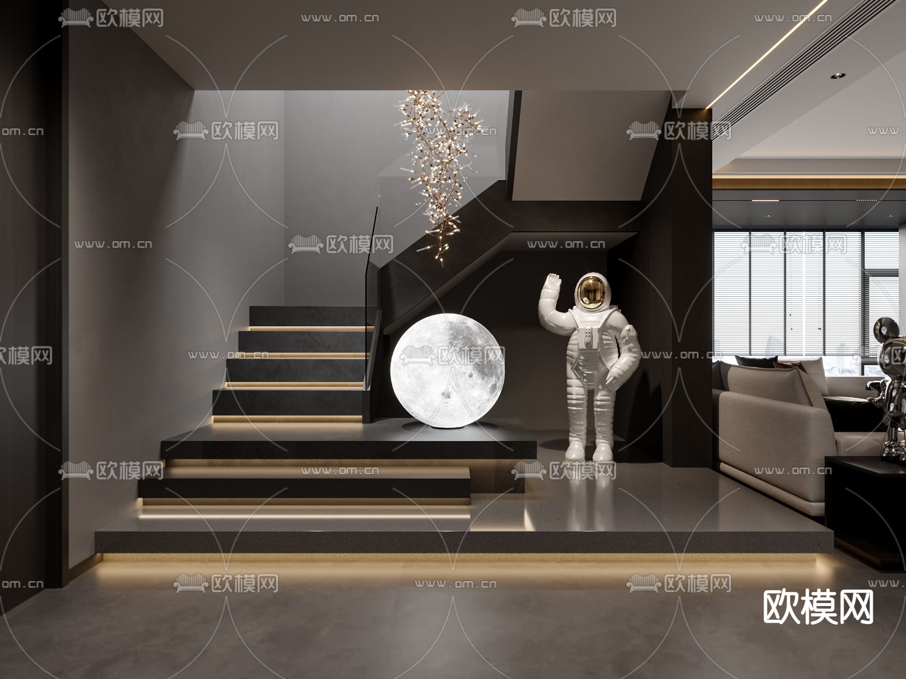 暗黑风客厅 餐厅3d模型下载（渲染图7）