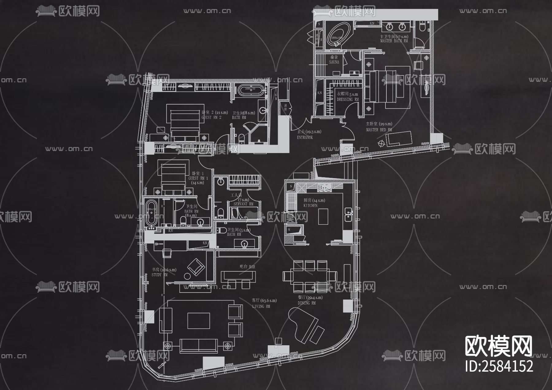 经典60个大平层户型CAD图库下载（渲染图4）