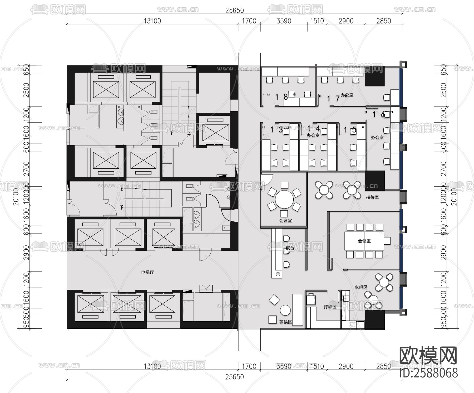 290sqm办公室cad施工图-免费3dmax模型库-欧模网