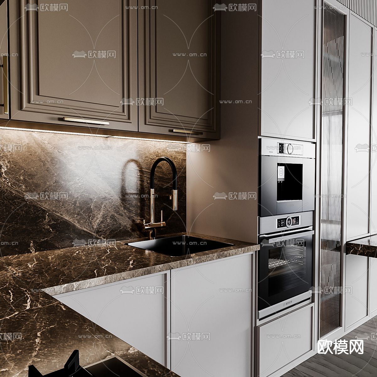 轻奢风厨房 橱柜3d模型下载（渲染图3）