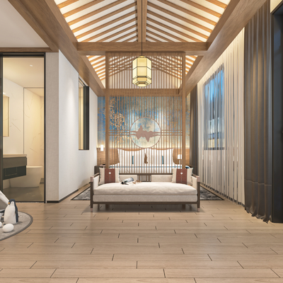  新中式酒店客房su模型 