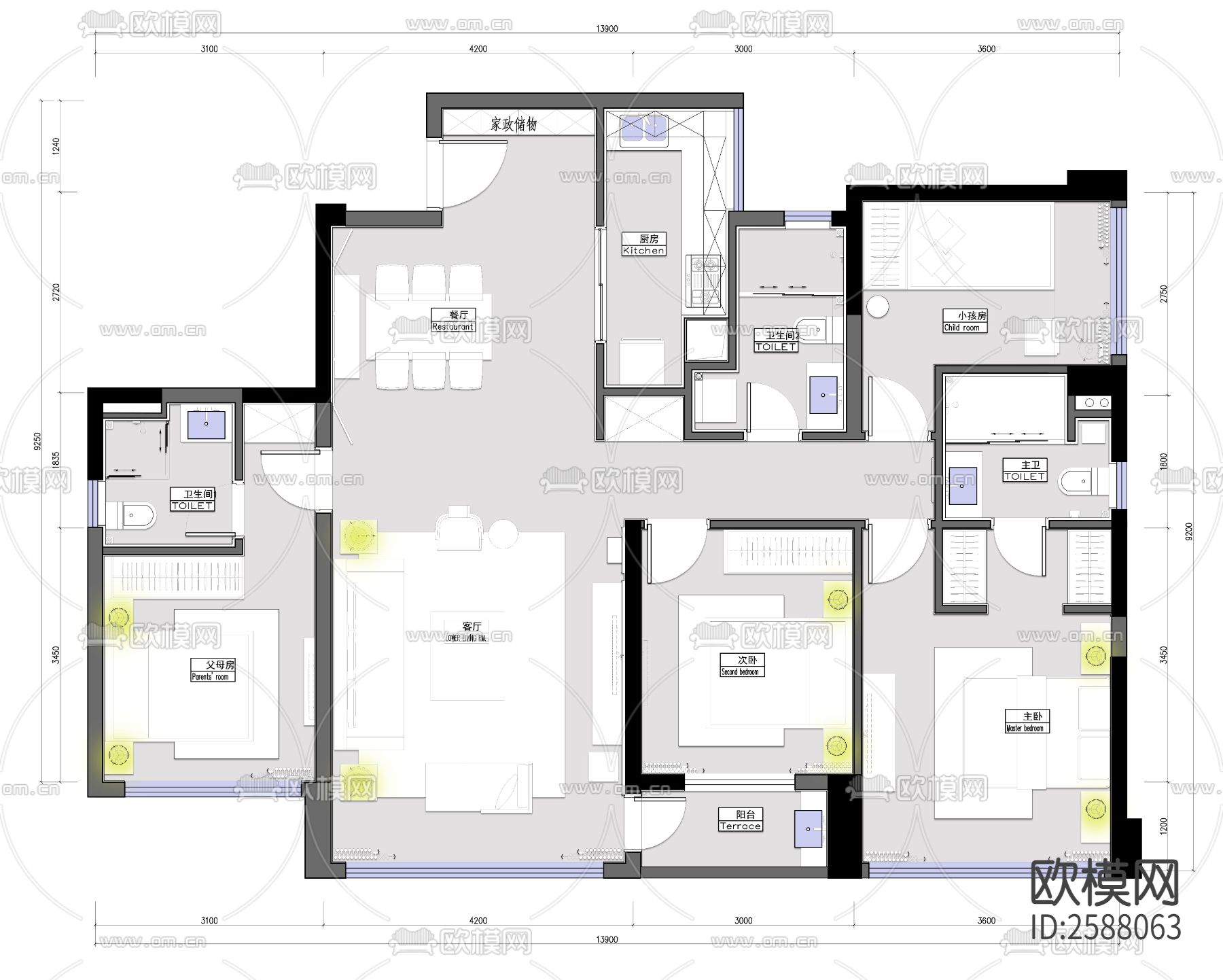 135sqm住宅样板房平面图cad施工图下载