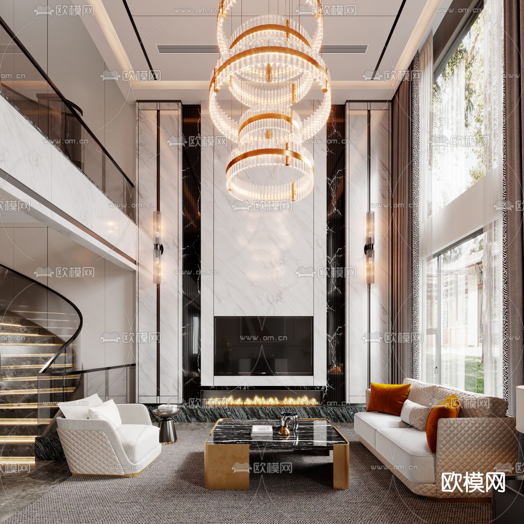 轻奢别墅大堂 餐厅3d模型下载_ID14037241_3dmax免费模型-欧模网