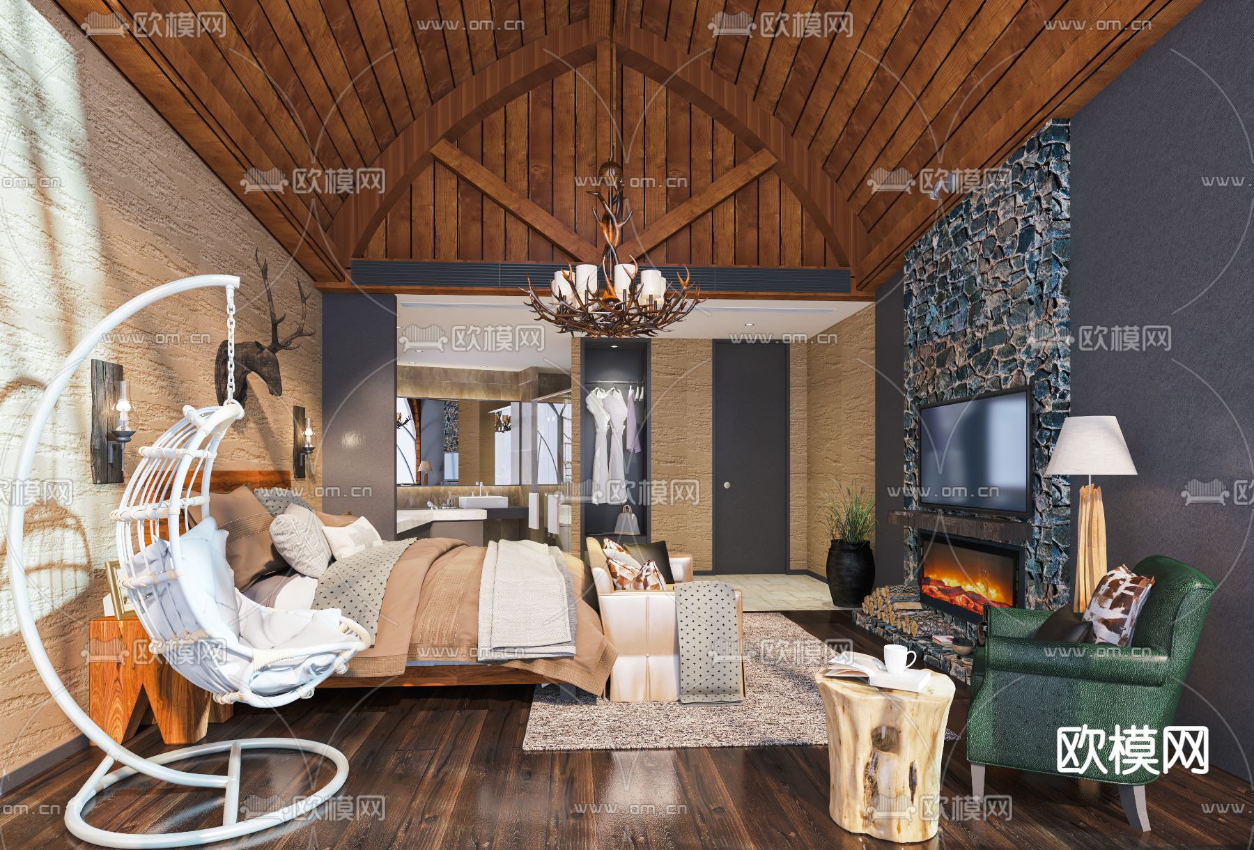 美式民宿客房su模型下载