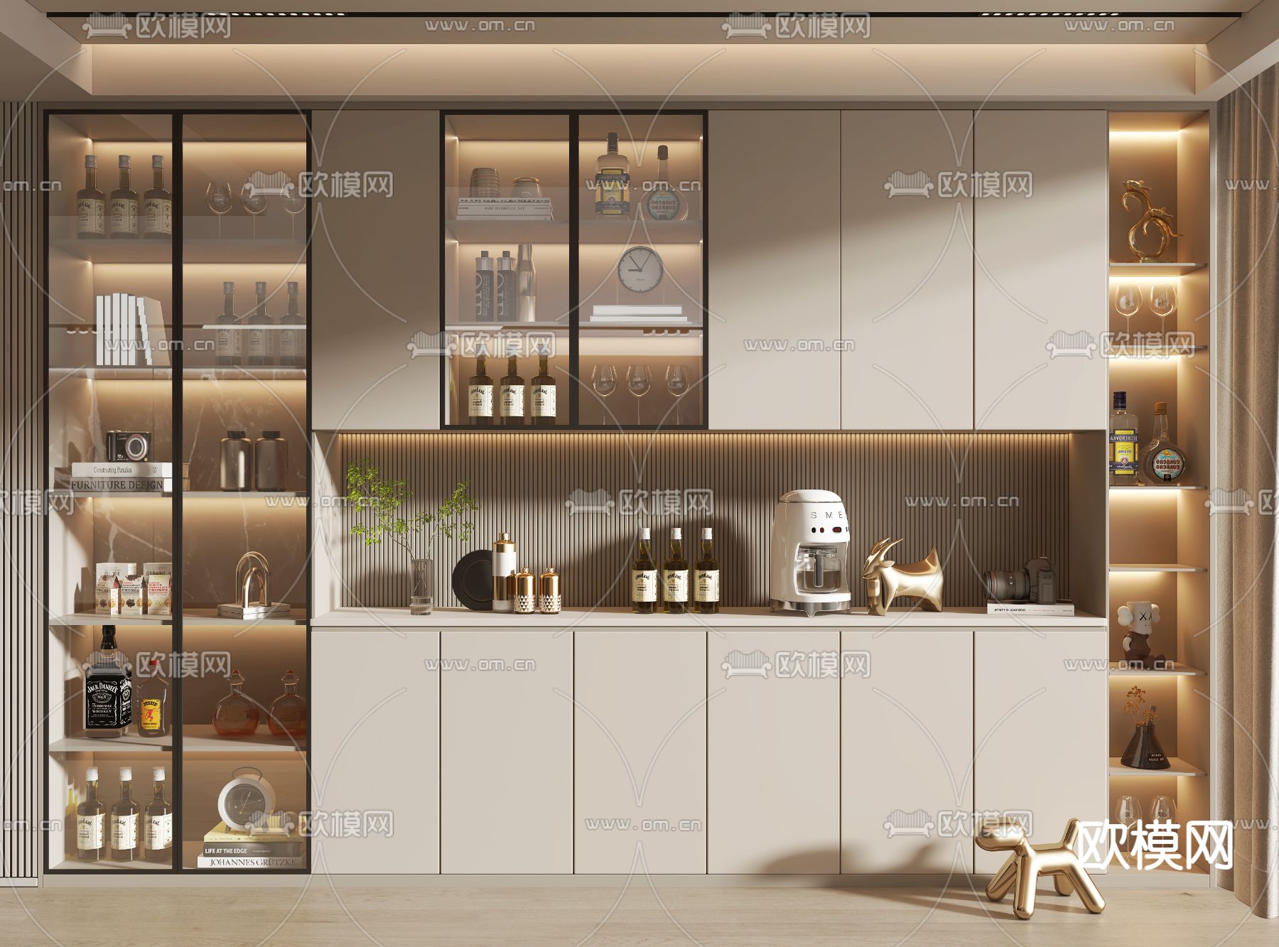 奶油风酒柜su模型下载（渲染图1）