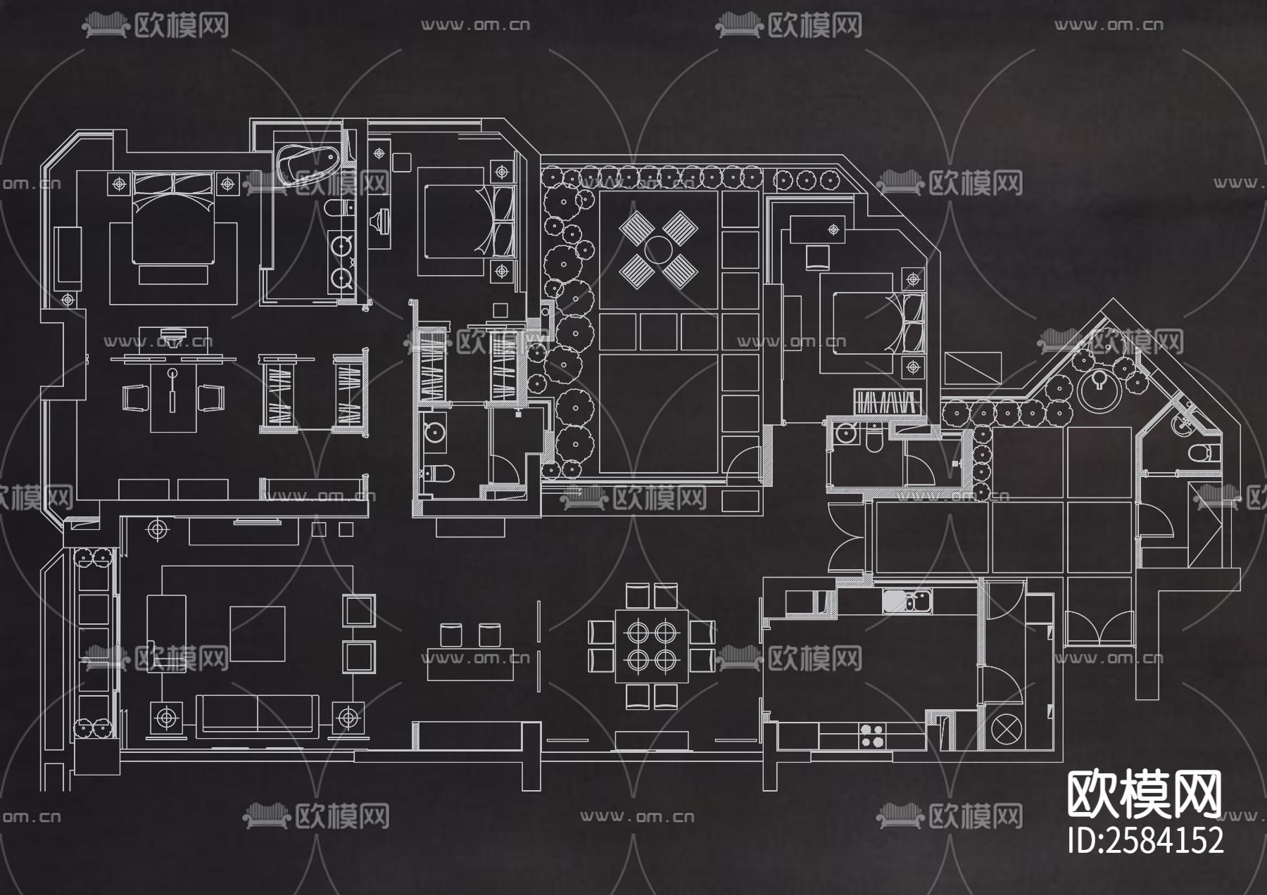 经典60个大平层户型CAD图库下载（渲染图5）