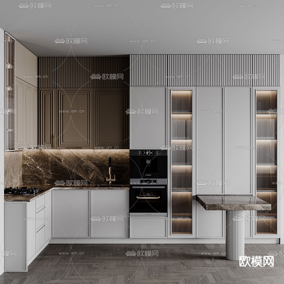 轻奢风厨房 橱柜3d模型下载（渲染图1）