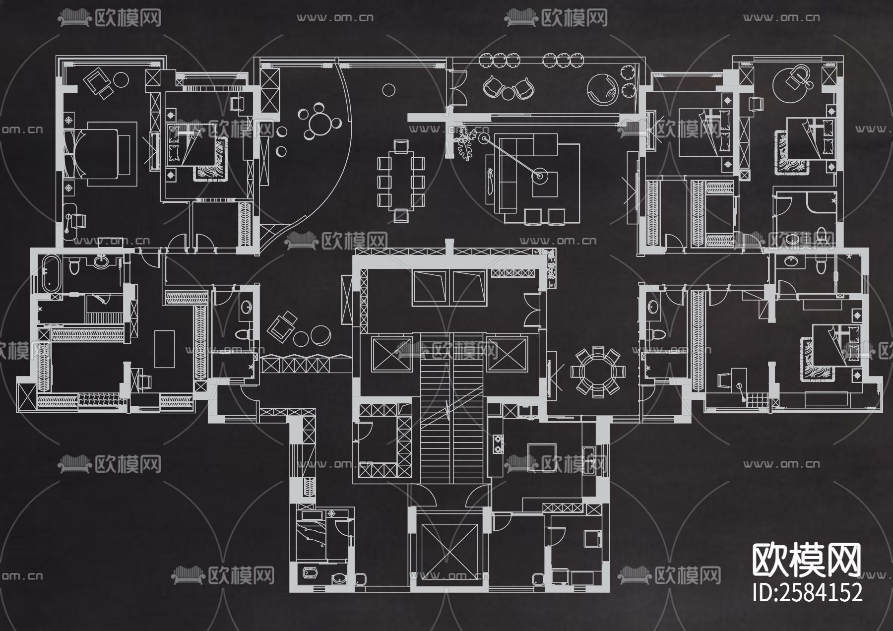 经典60个大平层户型CAD图库下载（渲染图6）