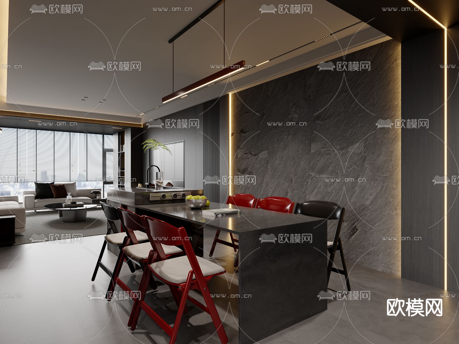 暗黑风客厅 餐厅3d模型下载（渲染图4）