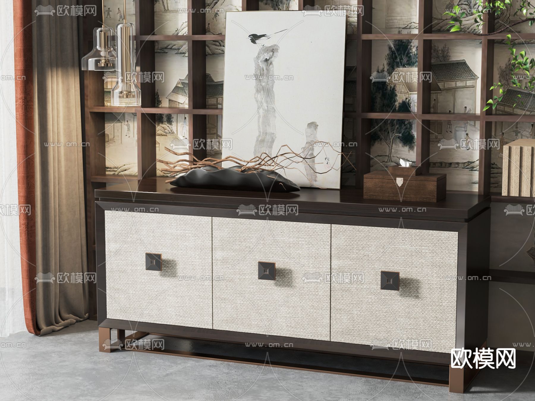 新中式电视柜3d模型下载