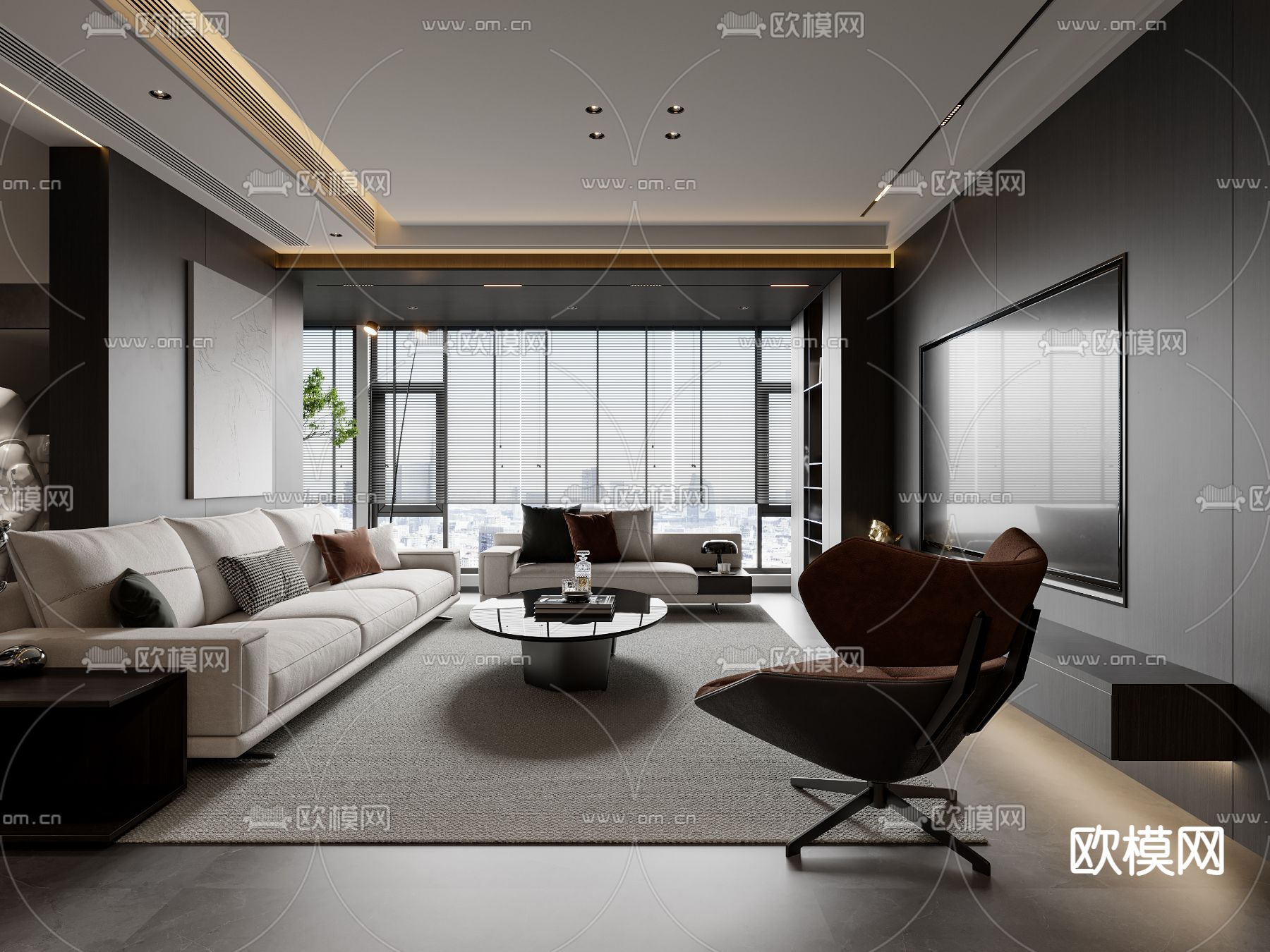 暗黑风客厅 餐厅3d模型下载（渲染图1）