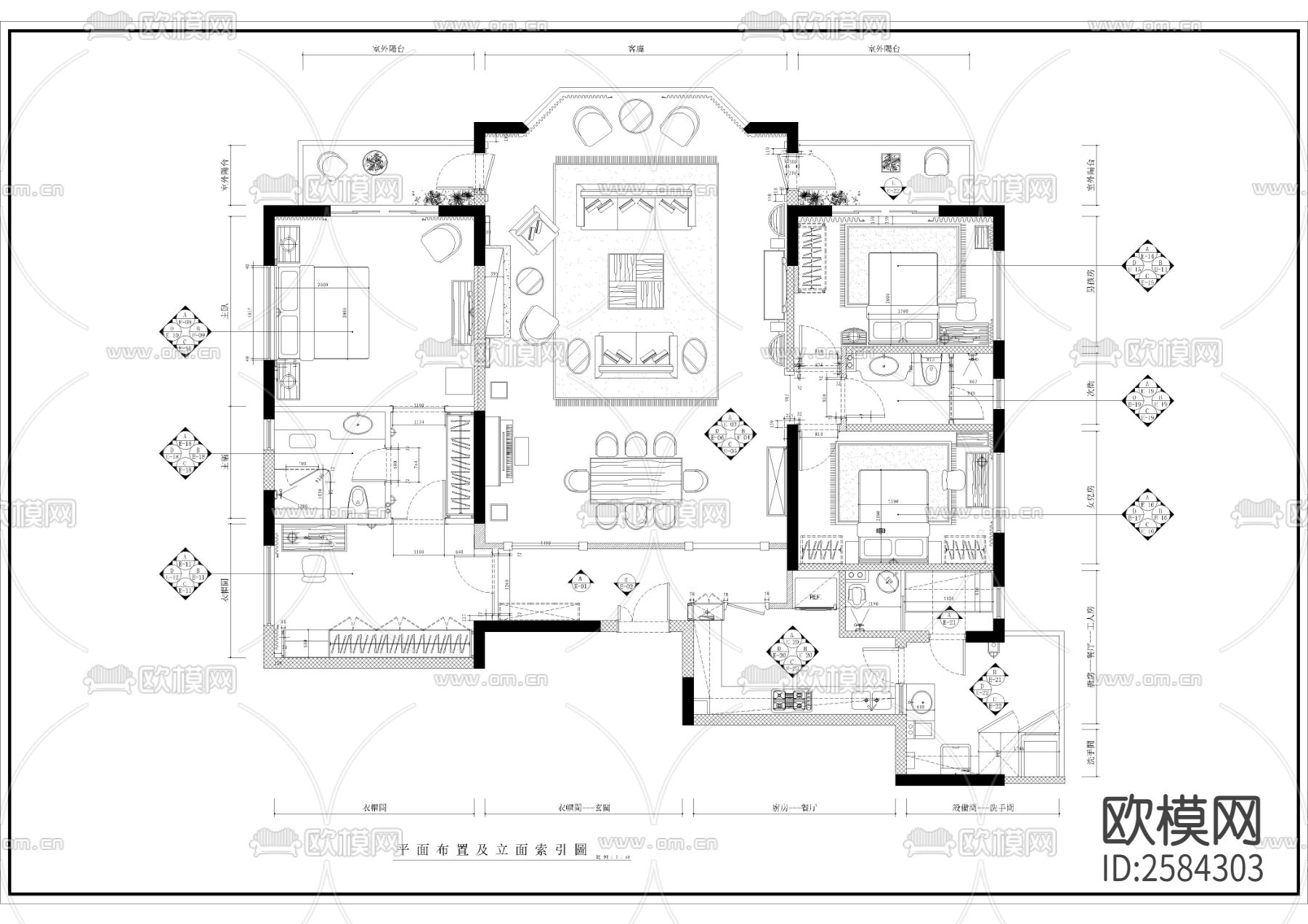 大平层室内CAD施工图下载（渲染图2）