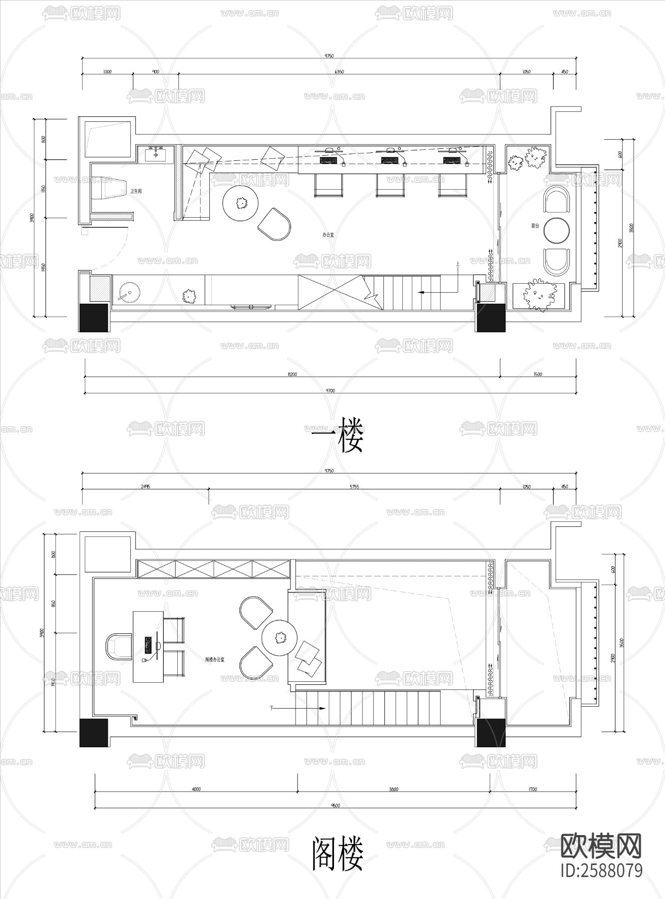 上下阁楼办公室cad施工图下载（渲染图2）