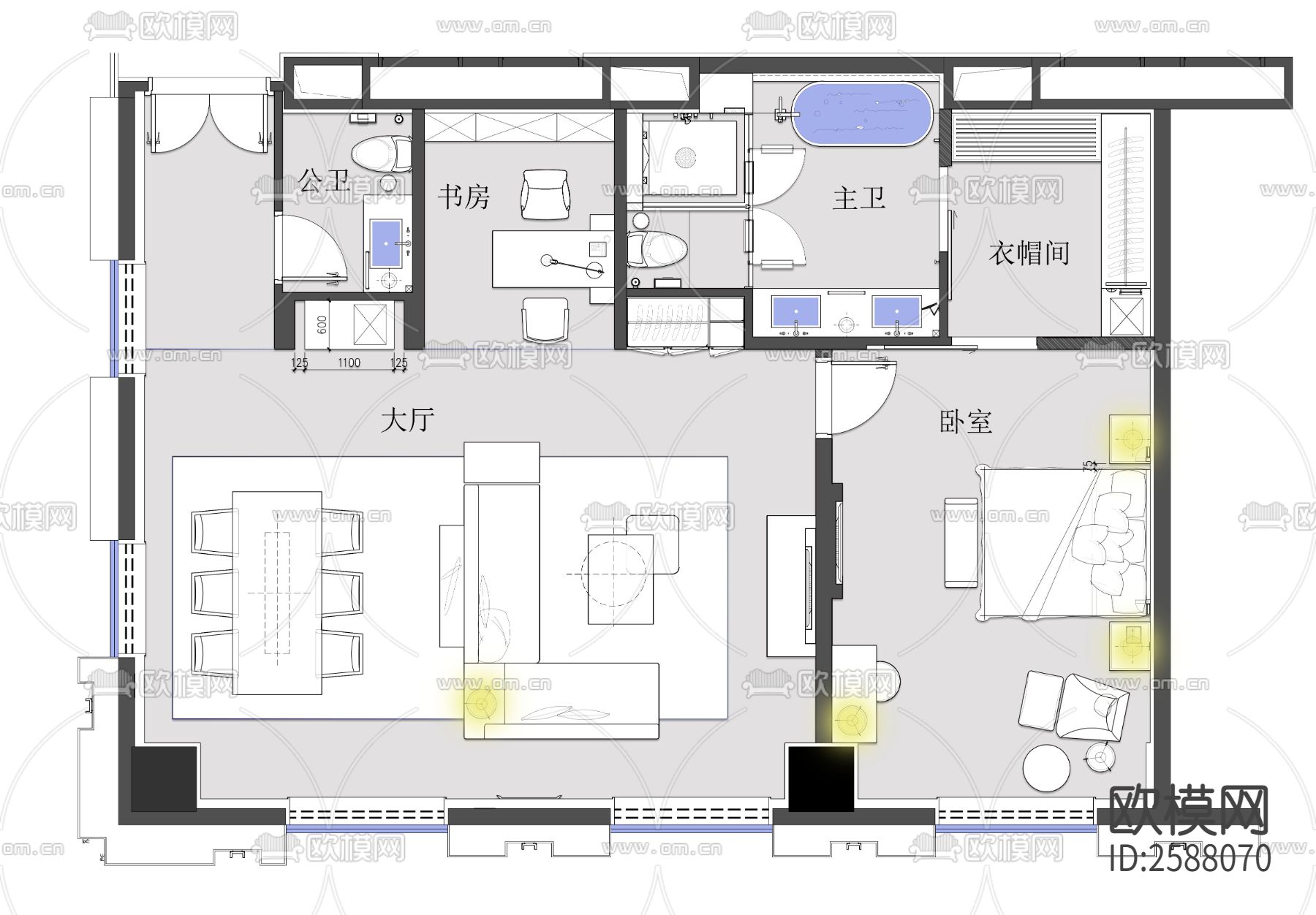 110sqm行政大床套房平面图cad施工图下载