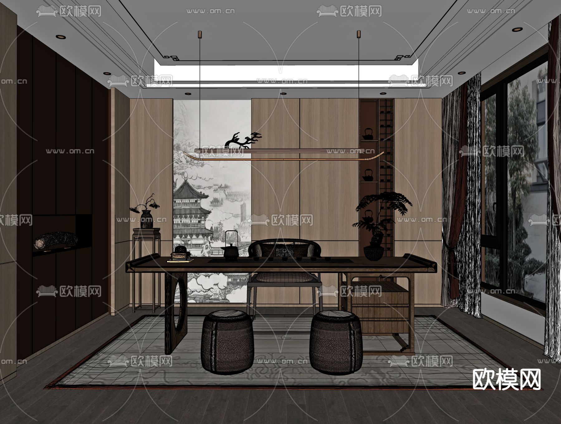 新中式茶室su模型