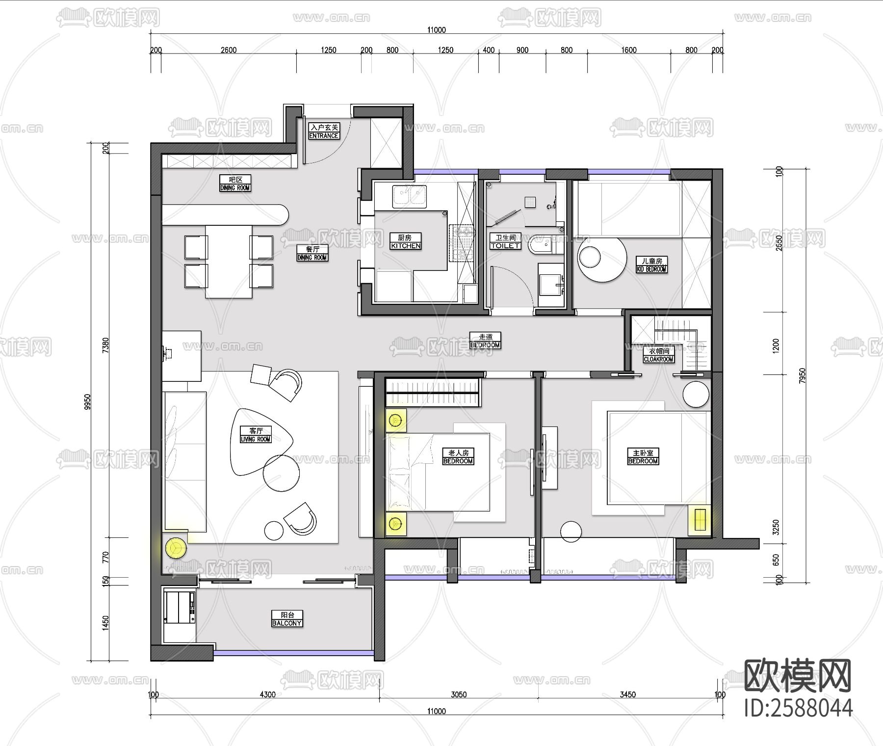 95sqm住宅样板房平面图cad施工图-免费3dmax模型库-欧模网