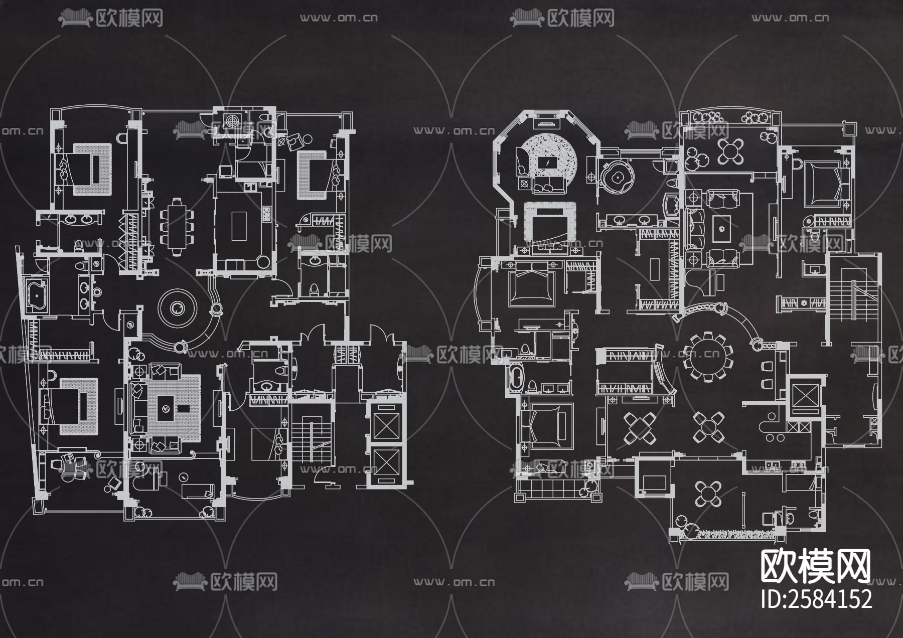 经典60个大平层户型CAD图库下载（渲染图3）