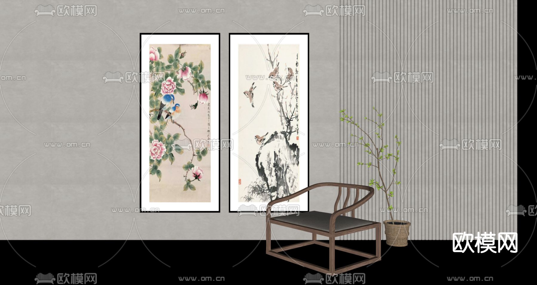 新中式装饰画su模型下载（渲染图2）