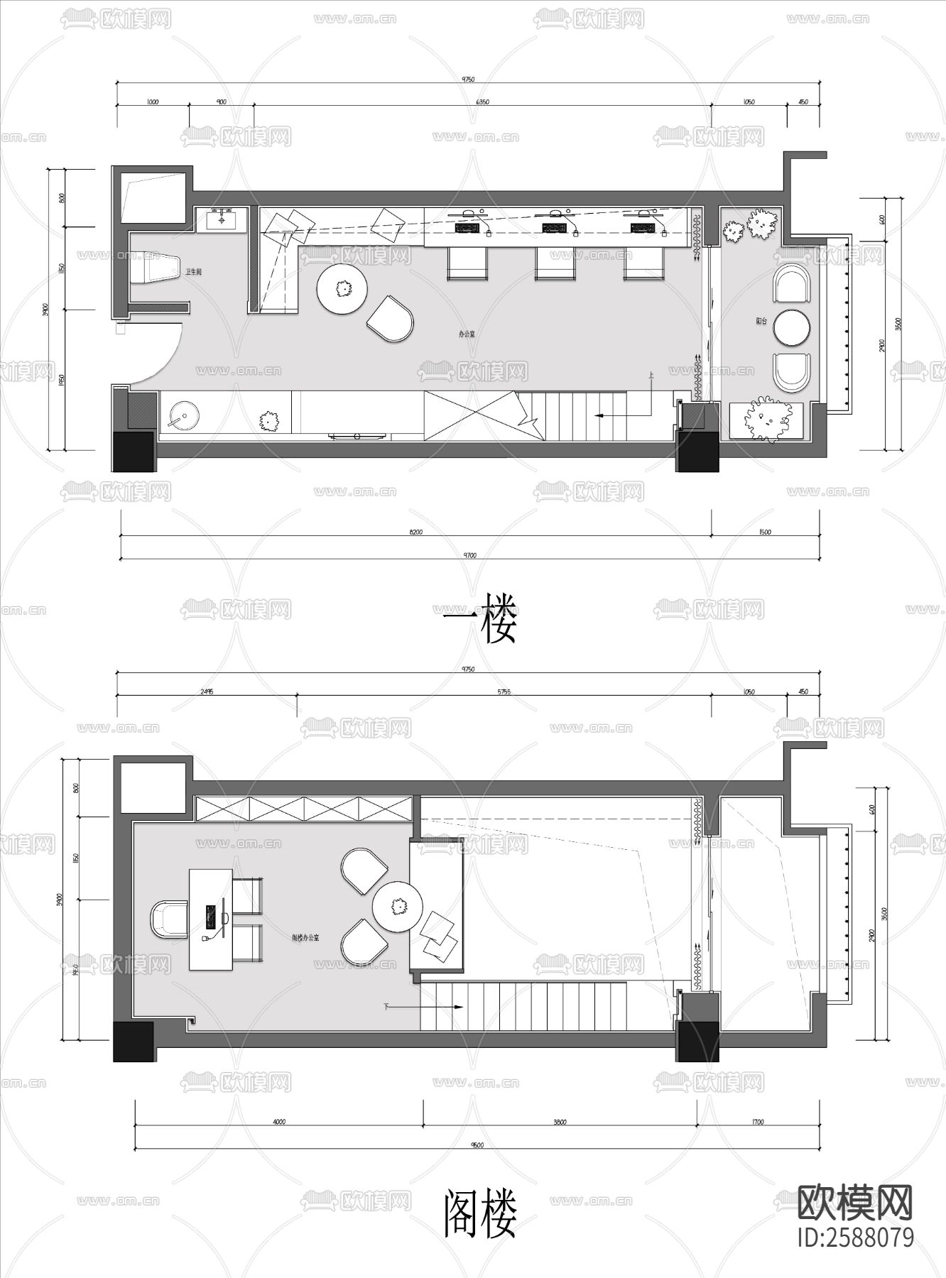 上下阁楼办公室cad施工图下载（渲染图1）