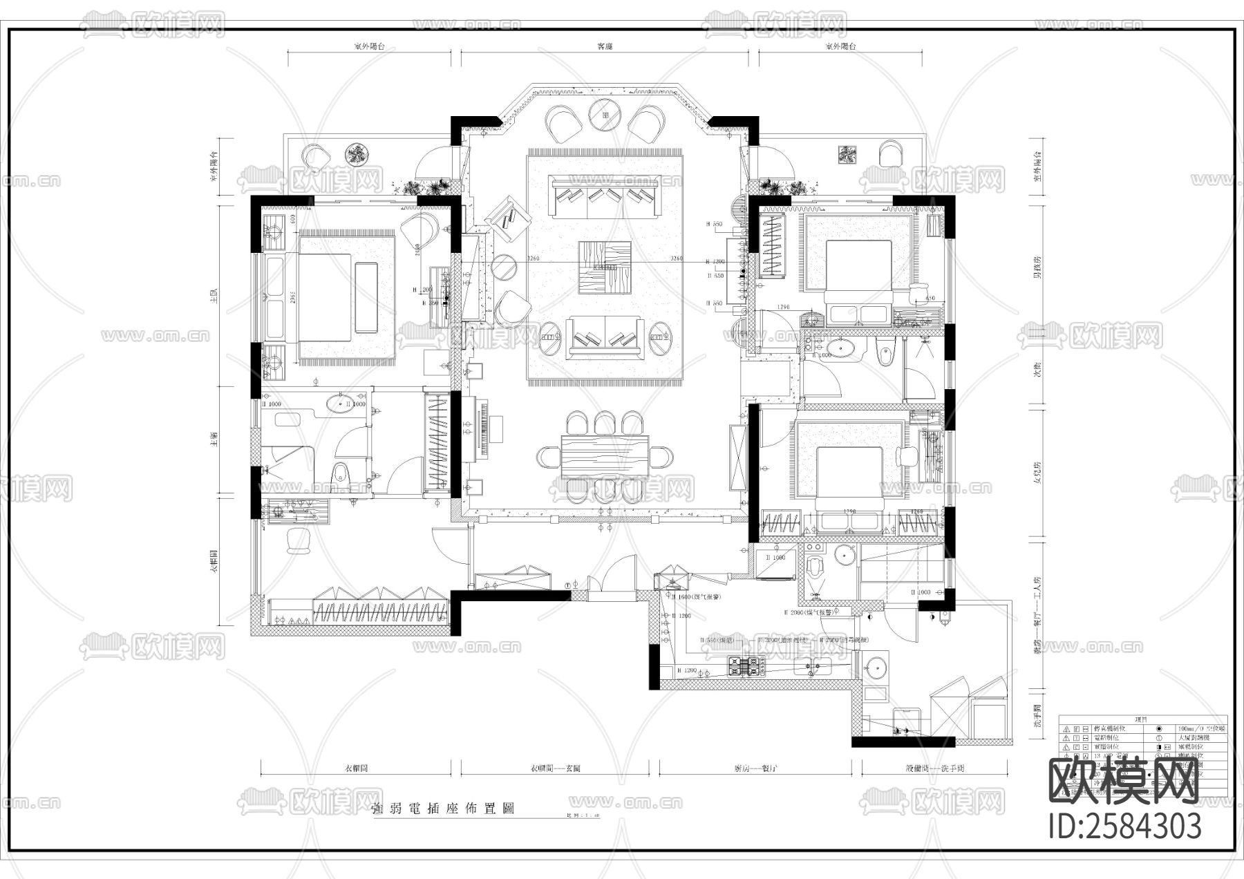 大平层室内CAD施工图下载（渲染图4）