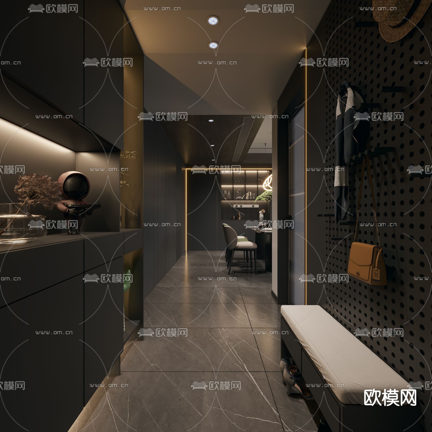 高级灰客餐厅3d模型下载（渲染图2）