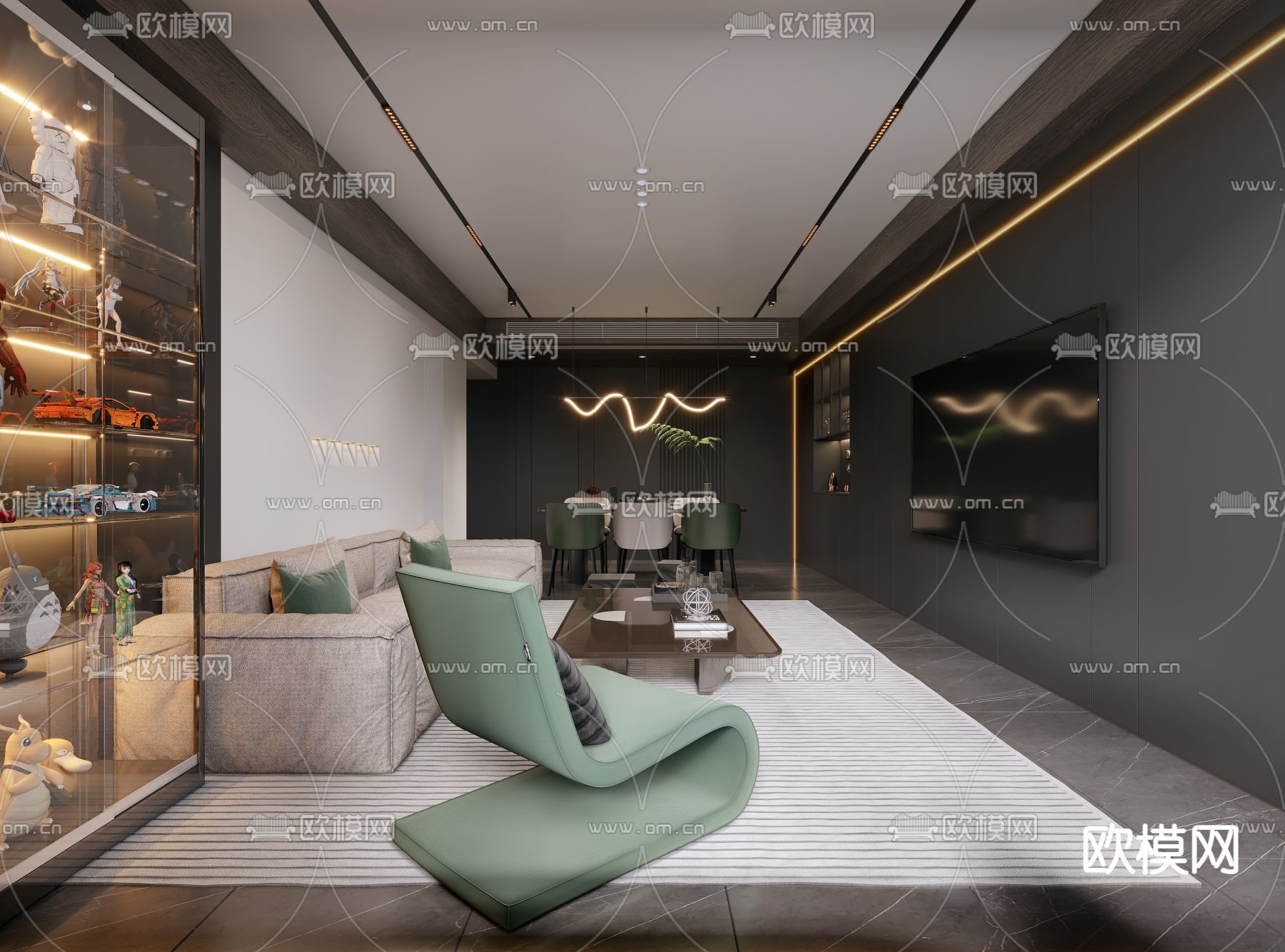 高级灰客餐厅3d模型下载（渲染图3）