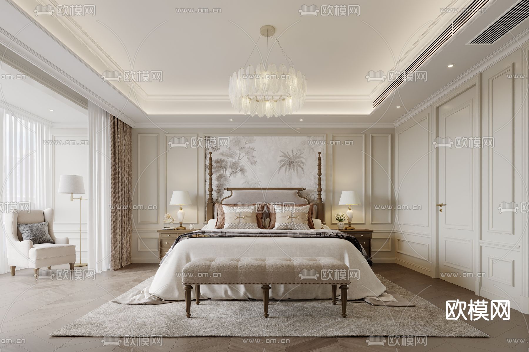 美式卧室 主人房3d模型下载