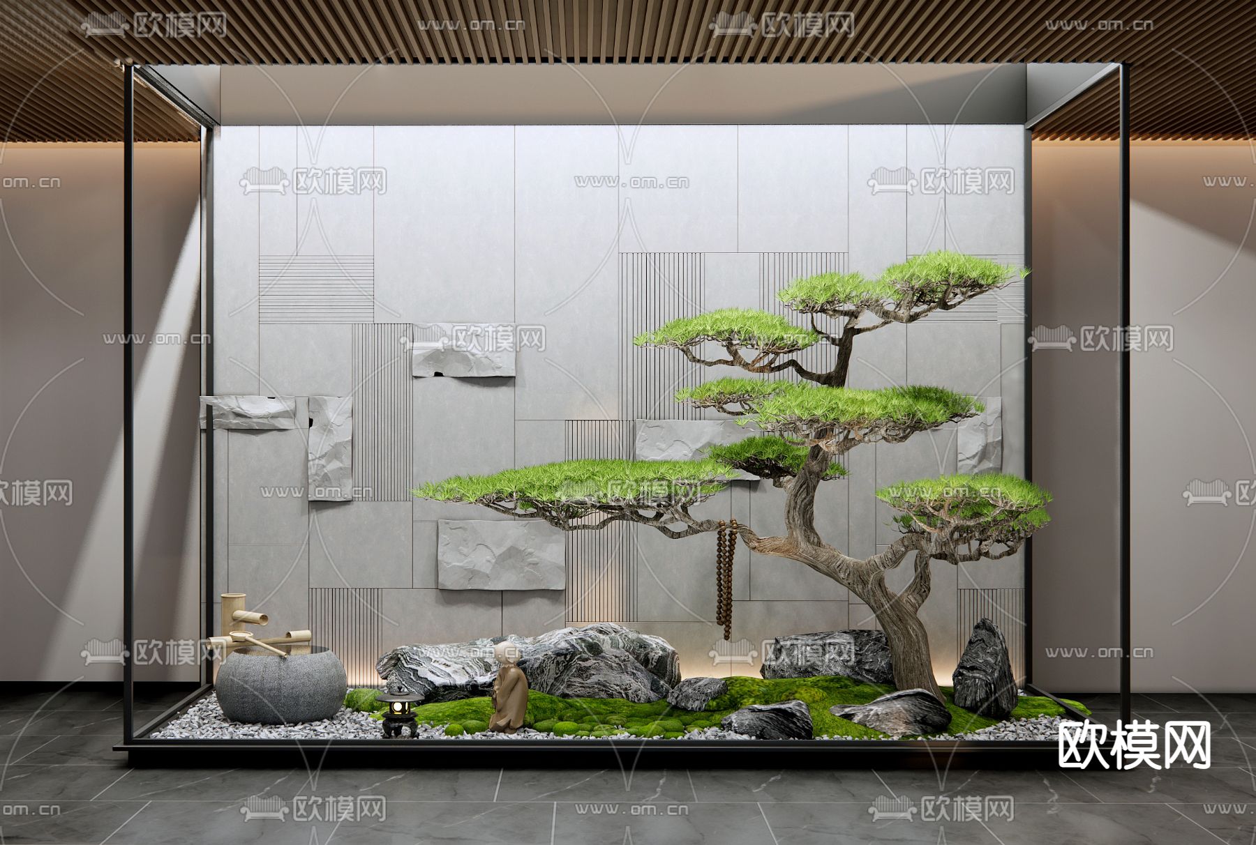 新中式松树石头 室内造景su模型下载_ID14038229_sketchup模型下载-欧模网