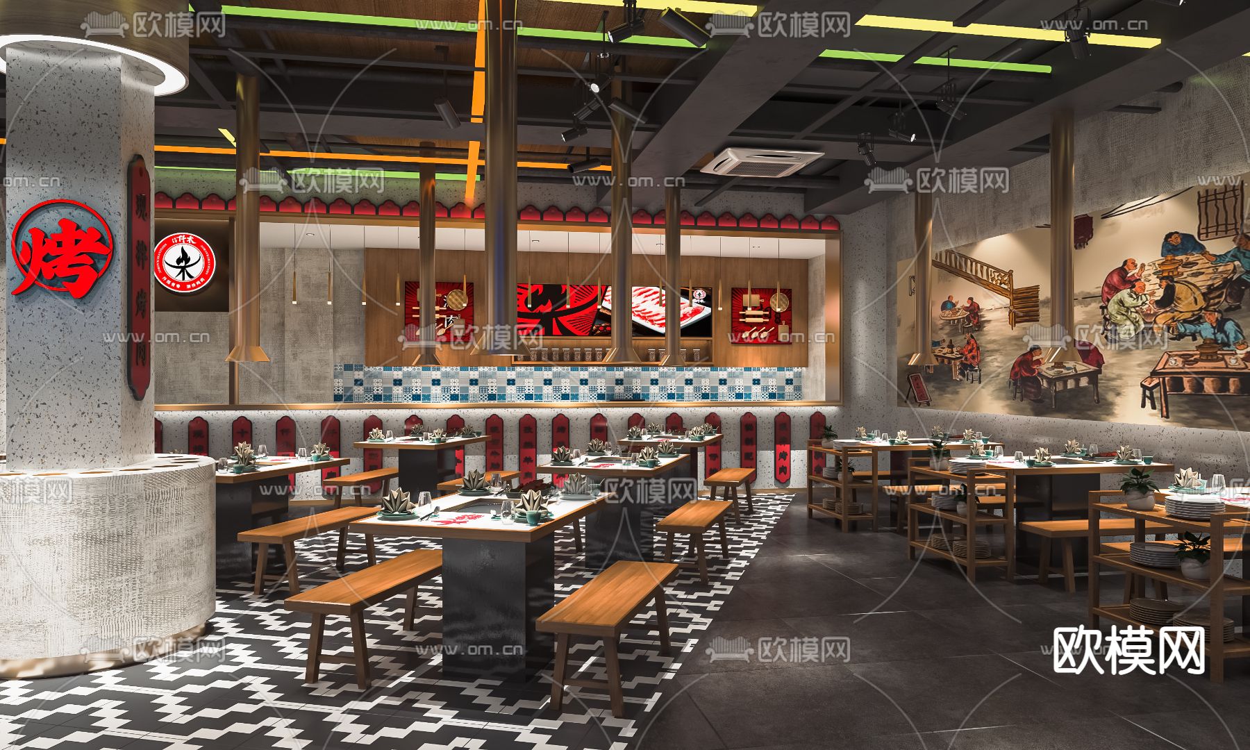 新中式烧烤店su模型下载（渲染图1）