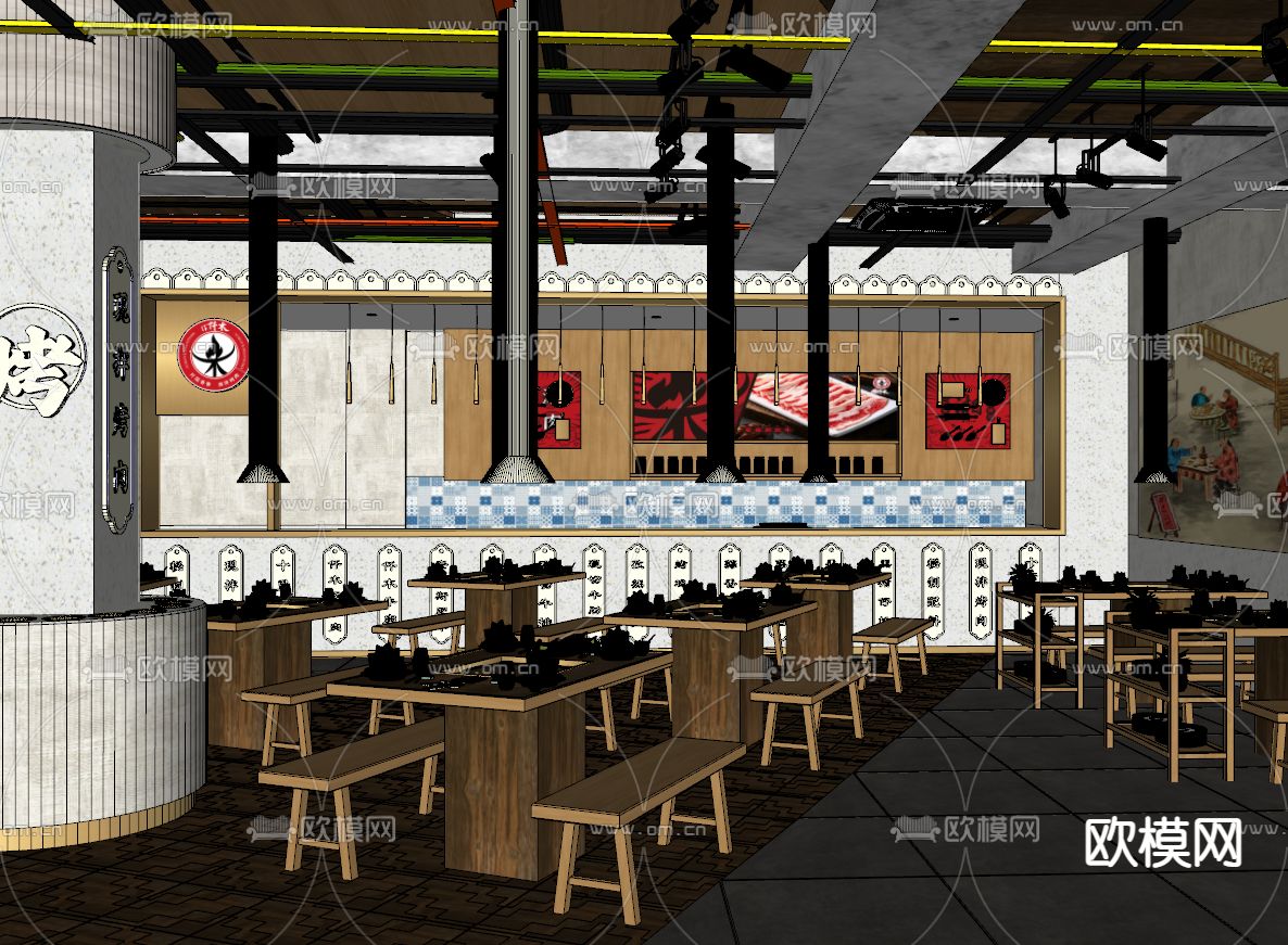 新中式烧烤店su模型下载（渲染图2）