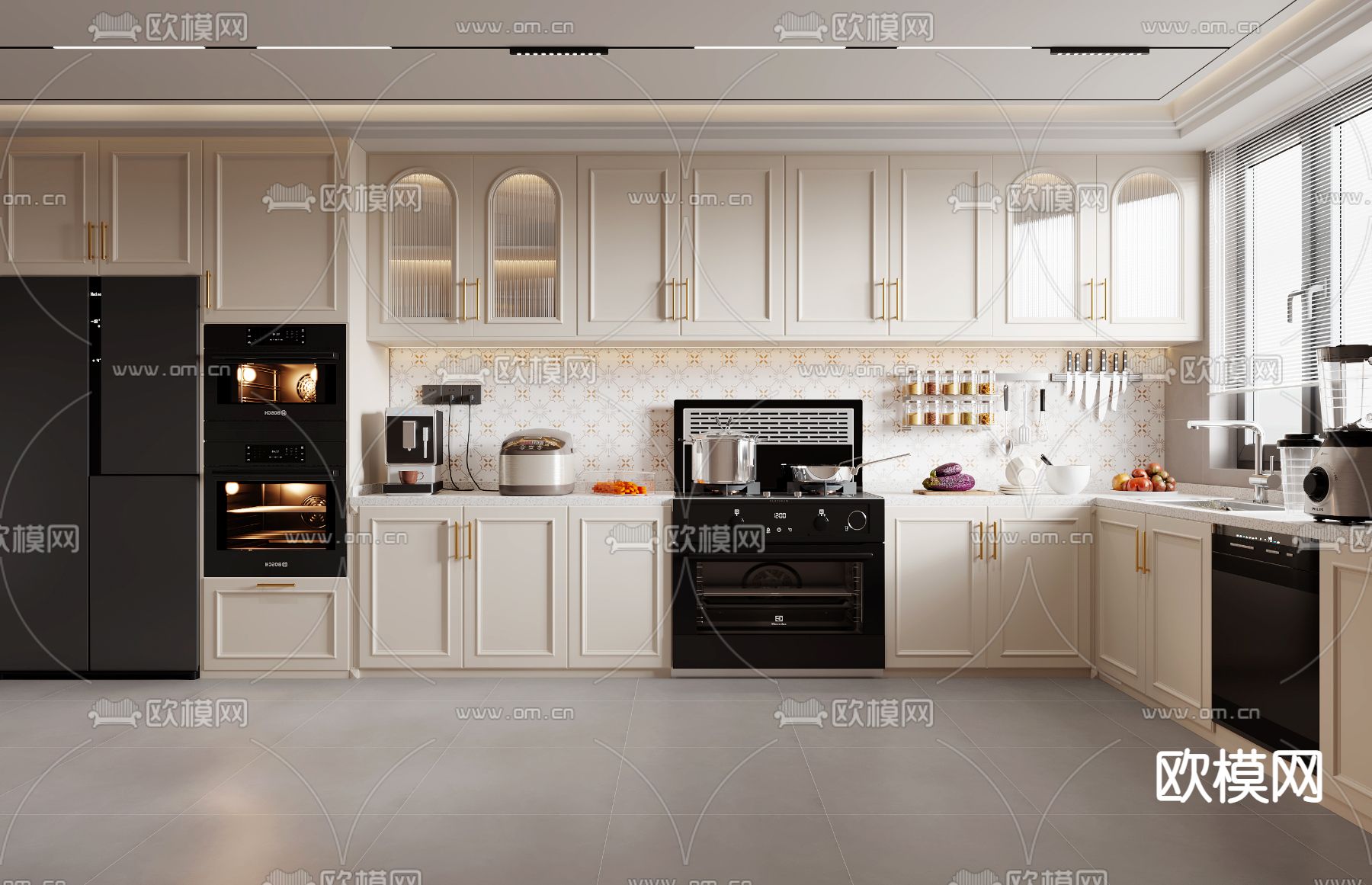 奶油风厨房 橱柜3d模型下载_ID12203483_3dmax免费模型-欧模网