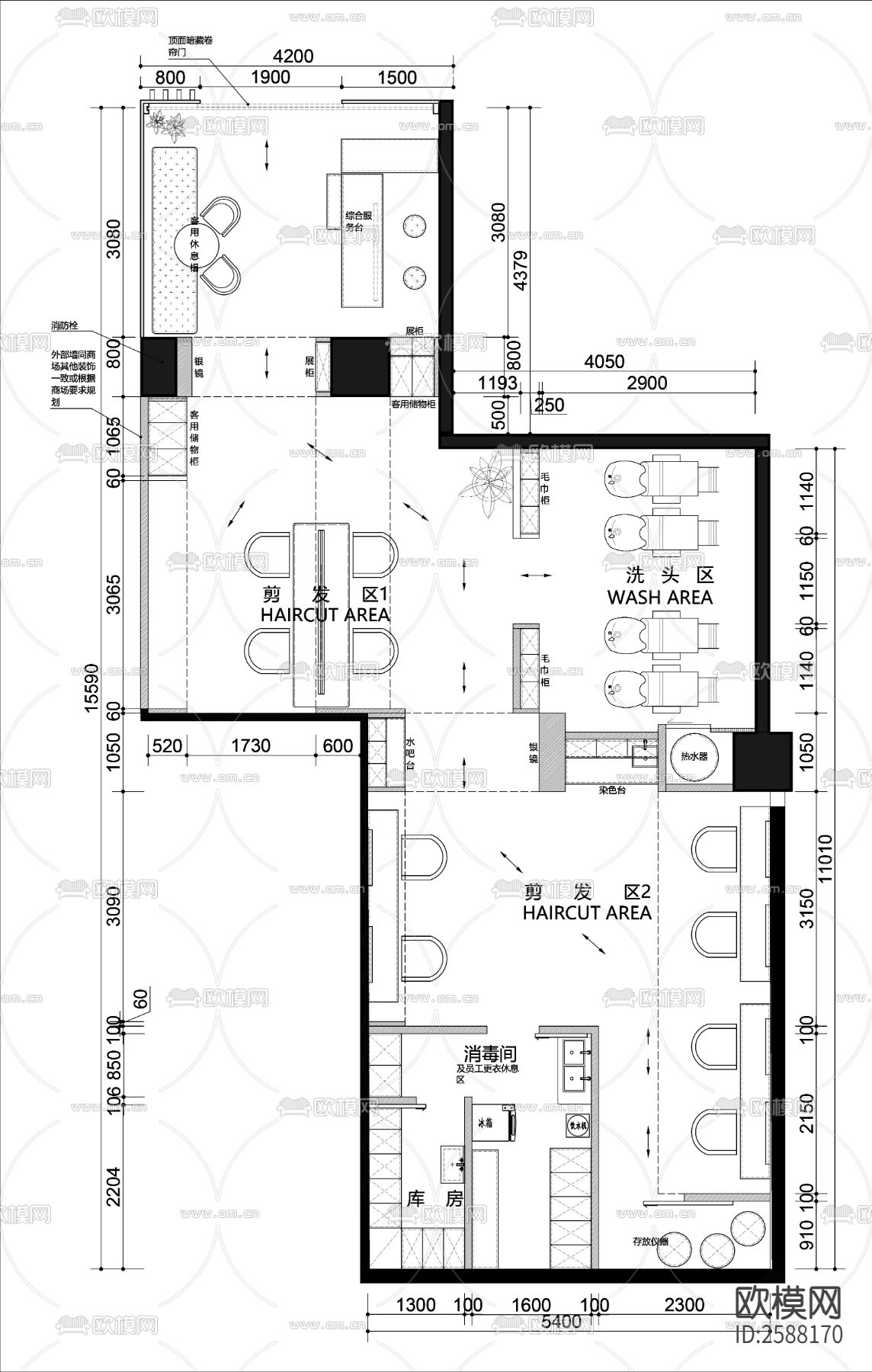 剪发店CAD施工图下载（渲染图2）