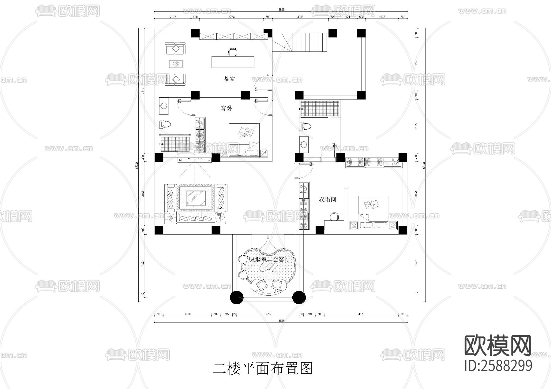 两层别墅平面图cad施工图下载（渲染图2）