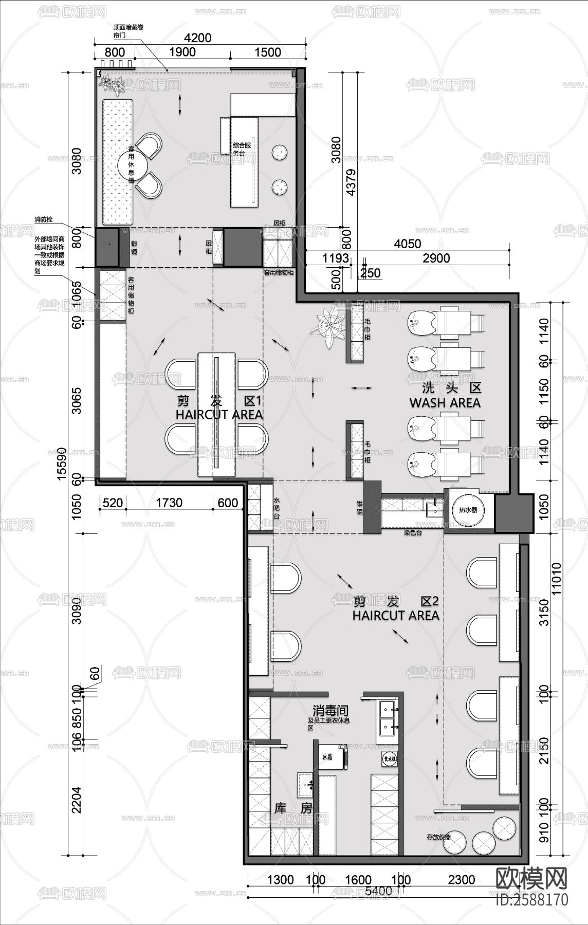 剪发店CAD施工图下载（渲染图1）