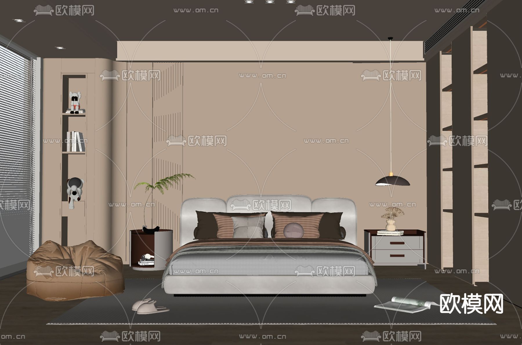 奶油风卧室su模型下载（渲染图4）